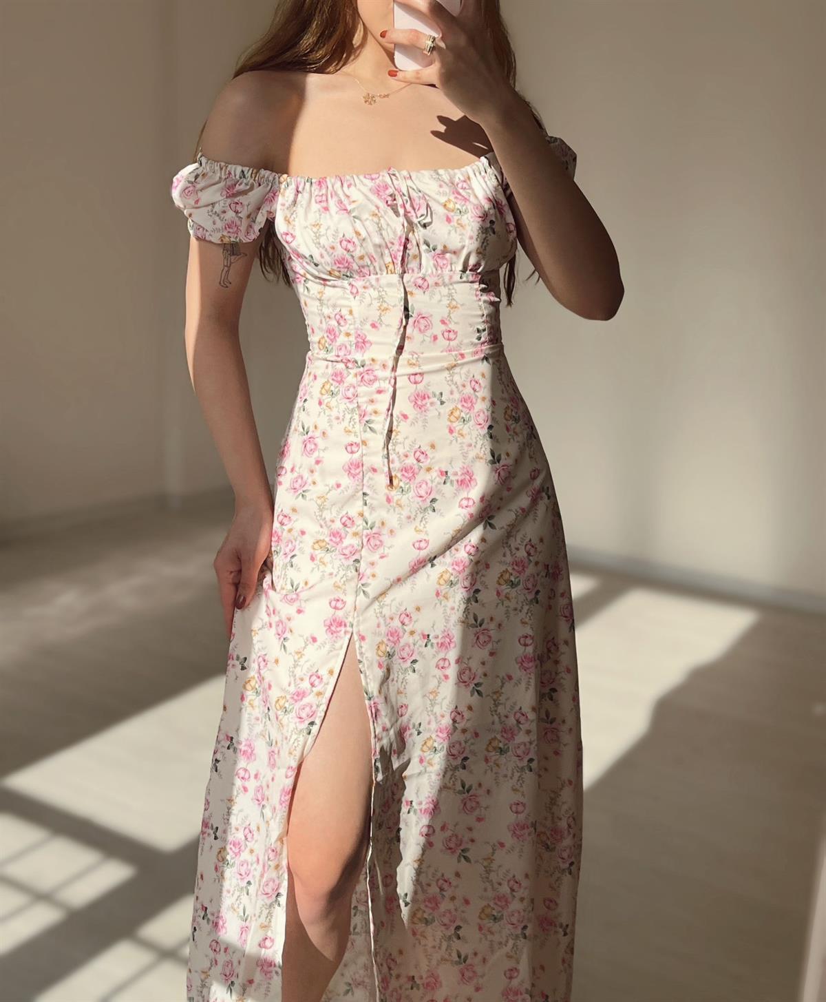 Carla No I Çiçek Desen Yırtmaçlı Midi Elbise