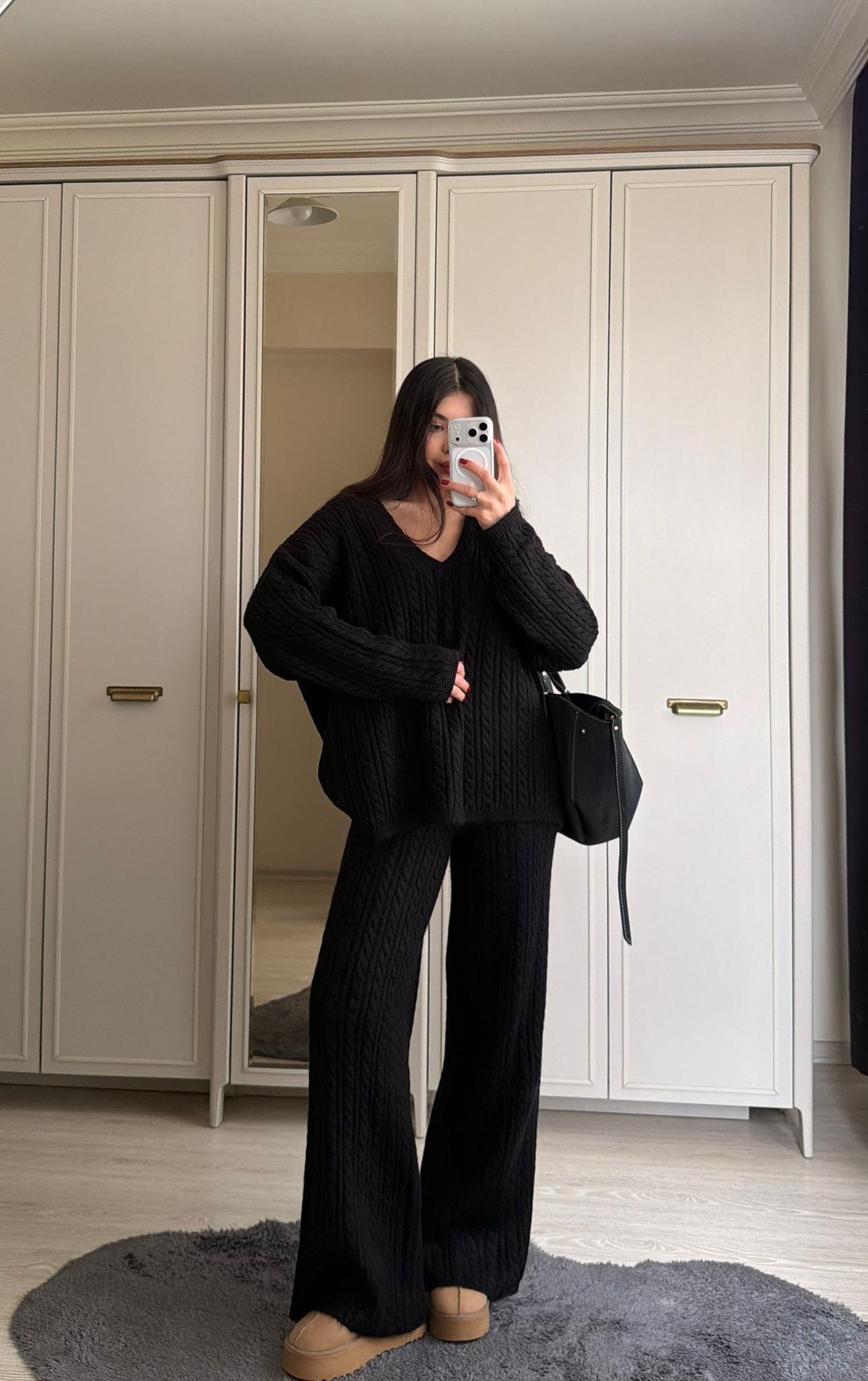 Cozy Saç Örgülü Triko Takım Siyah