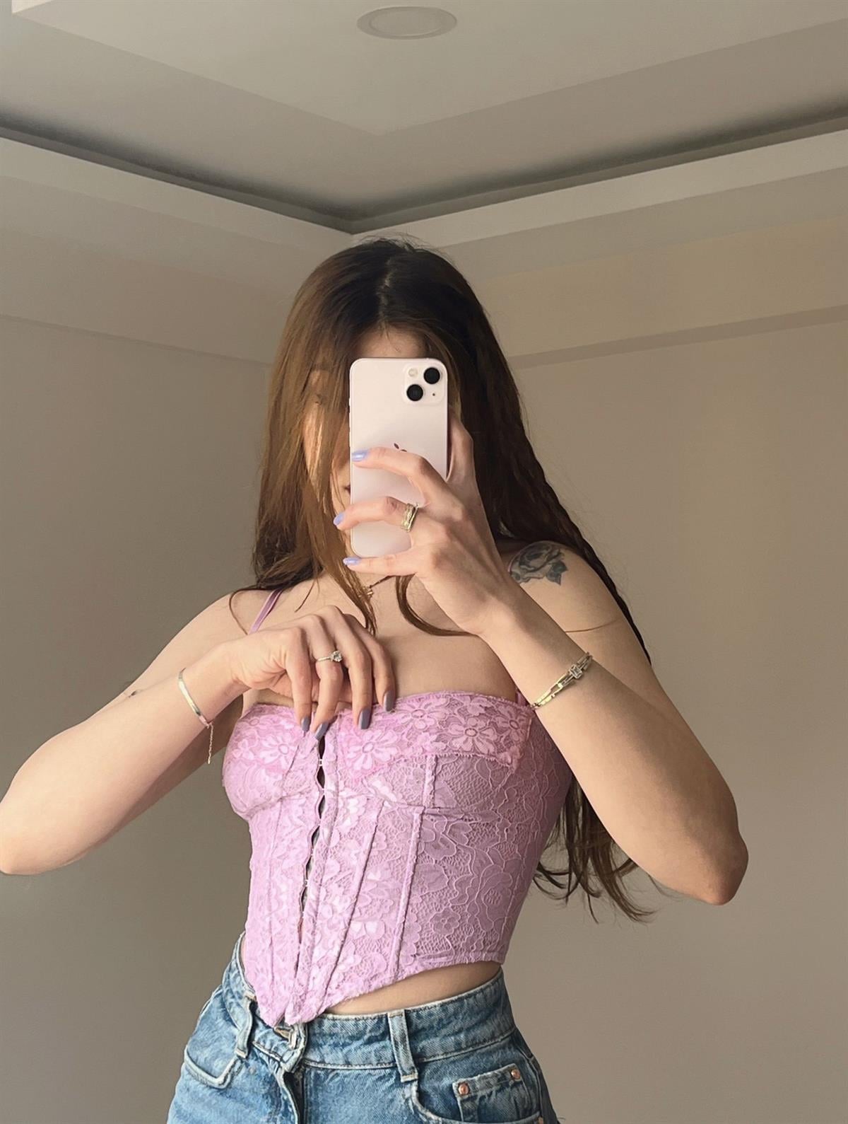 Dantel Detay Lavanta Korse Top
