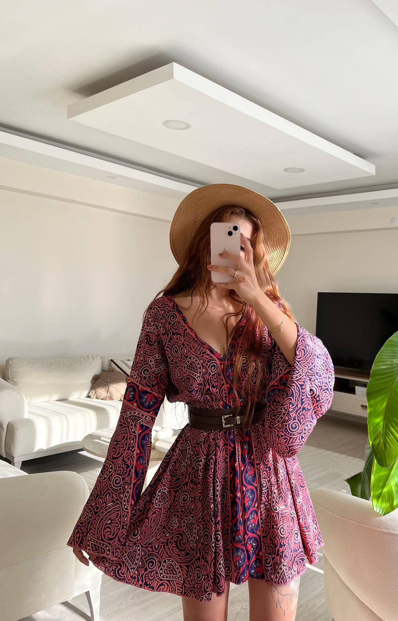 Eleanor Sırt Dekolteli Etnik İpek Elbise Pembe