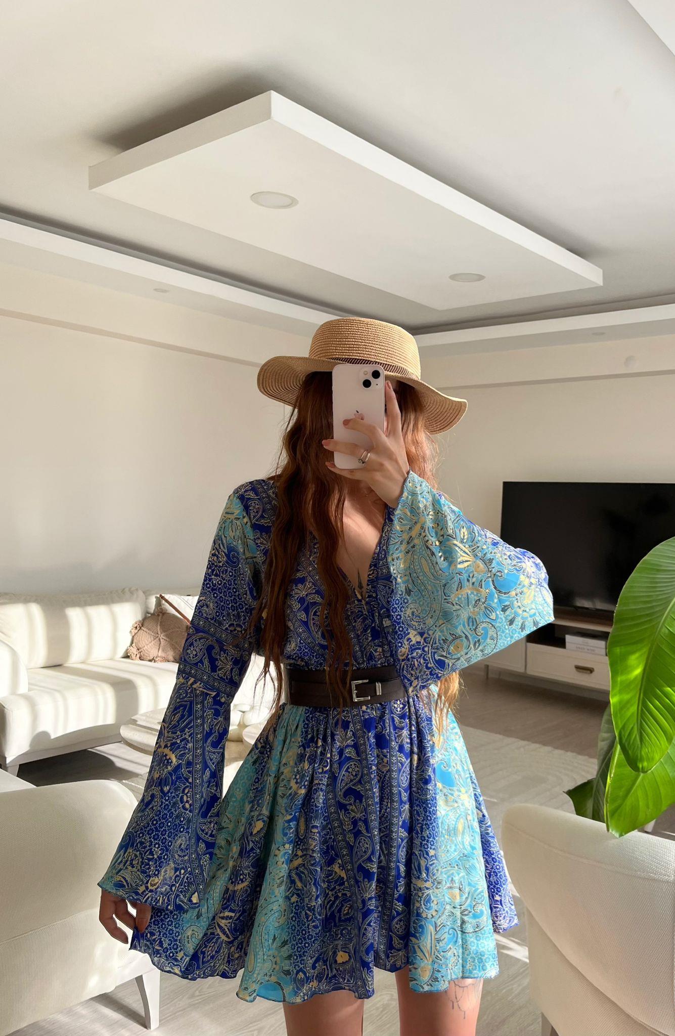 Eleanor Sırt Dekolteli Etnik İpek Elbise Mavi 2