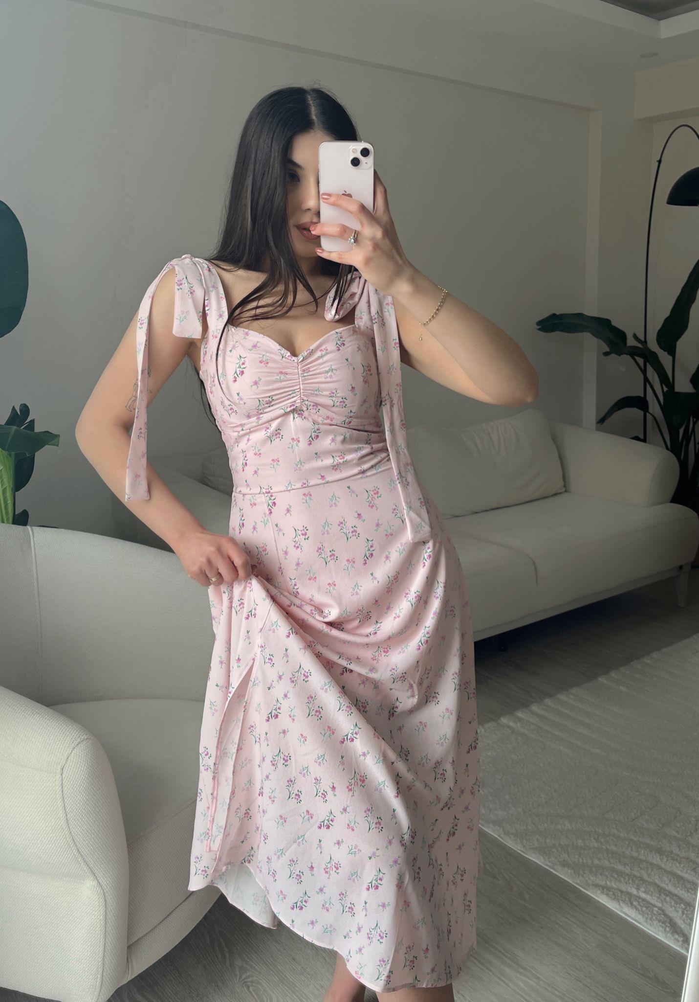 Elena Omuz Bağlamalı Çiçek Desen Yırtmaçlı Midi Elbise Toz Pembe