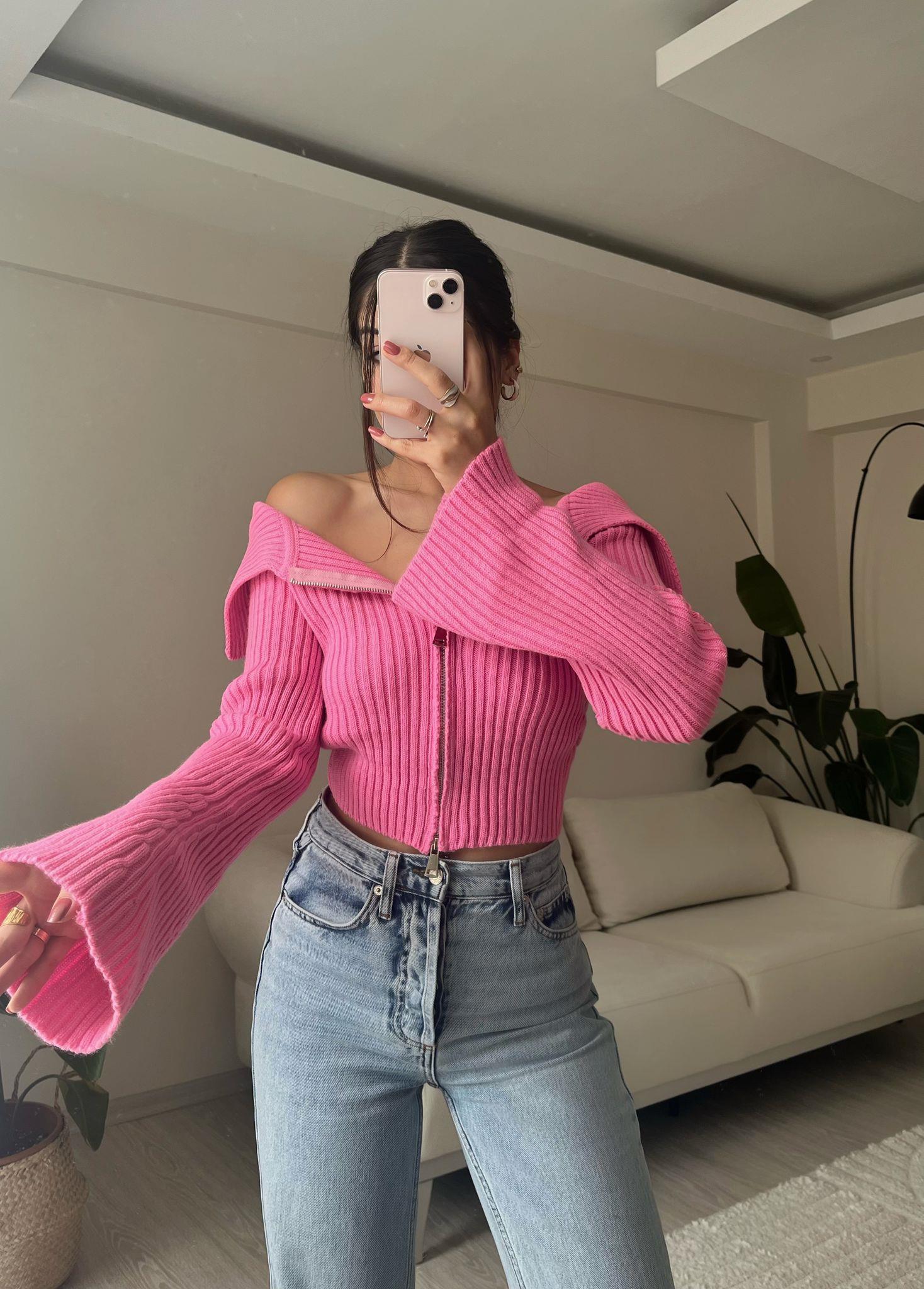 Eva Kayık Yaka Fermuarlı Triko Hırka Pembe