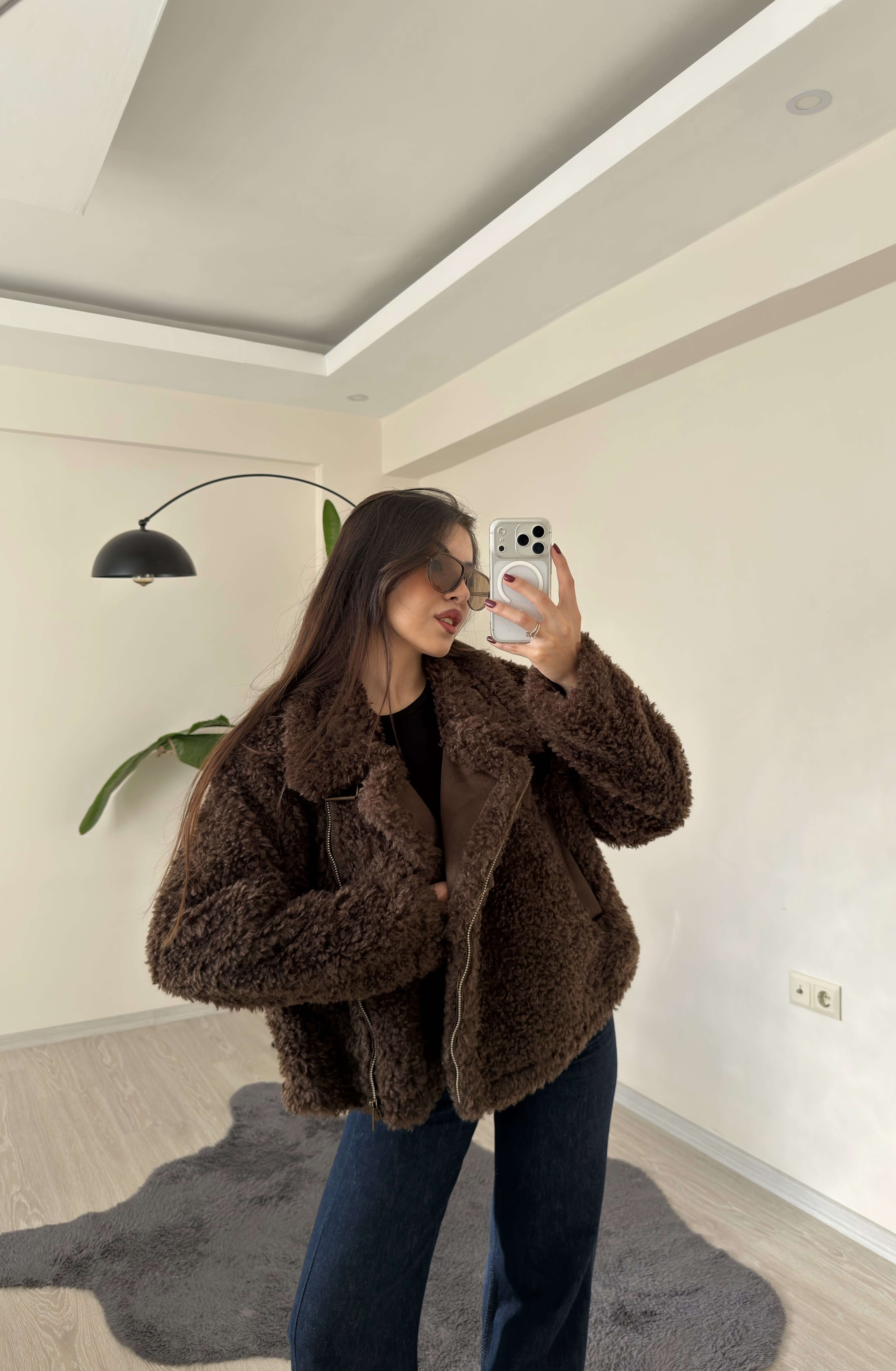 Fawn Yaka Detaylı İthal Peluş Ceket Kahve