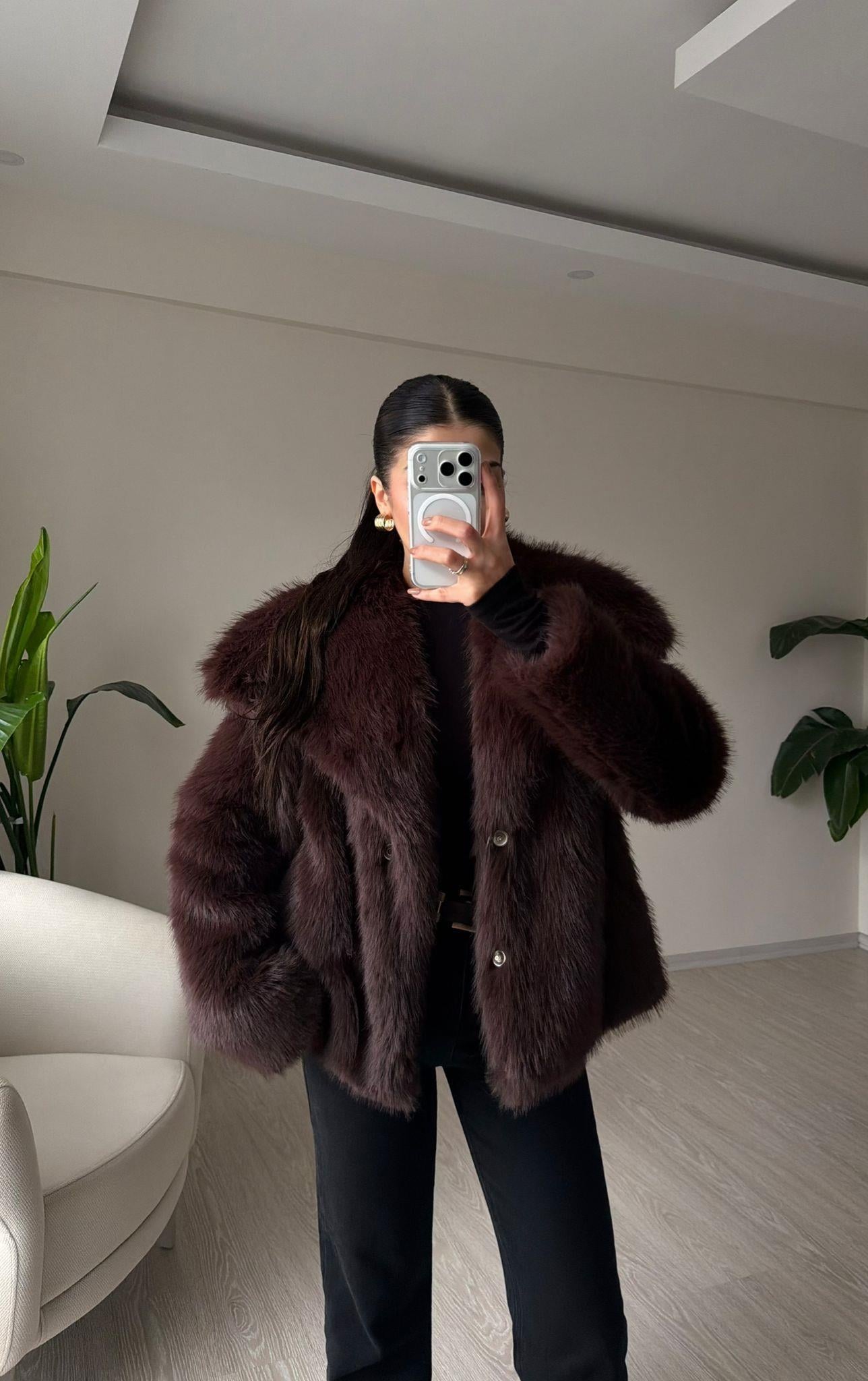 Foxy Katlı Yaka Premium Kürk Acı Kahve