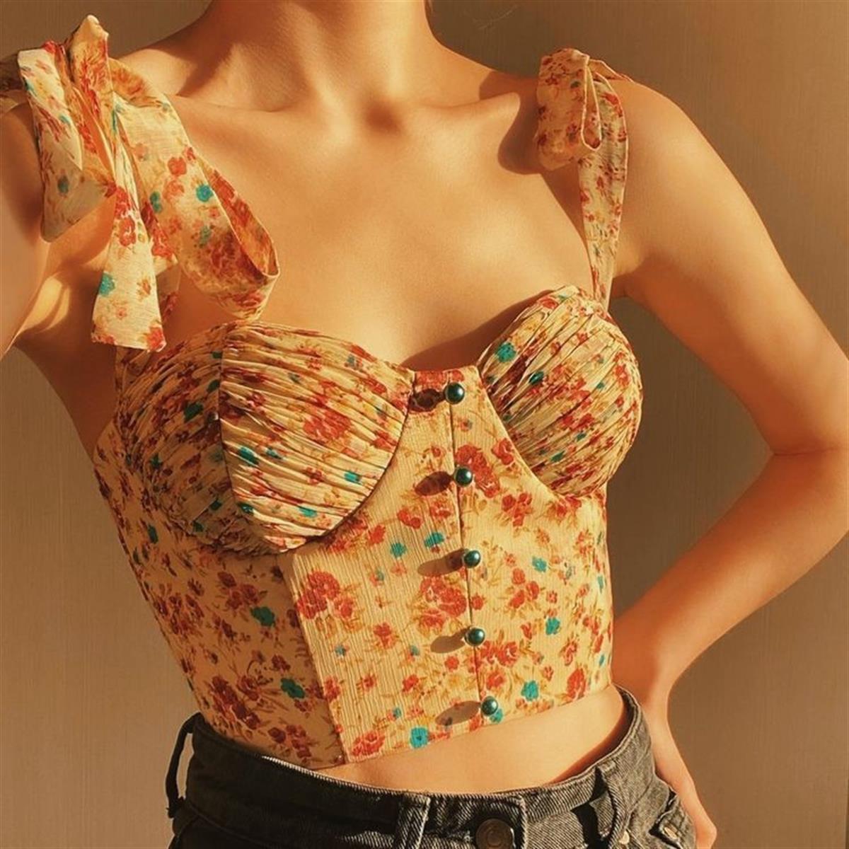 Gaia Omuz Bağlamalı Balenli Sarı Crop Top