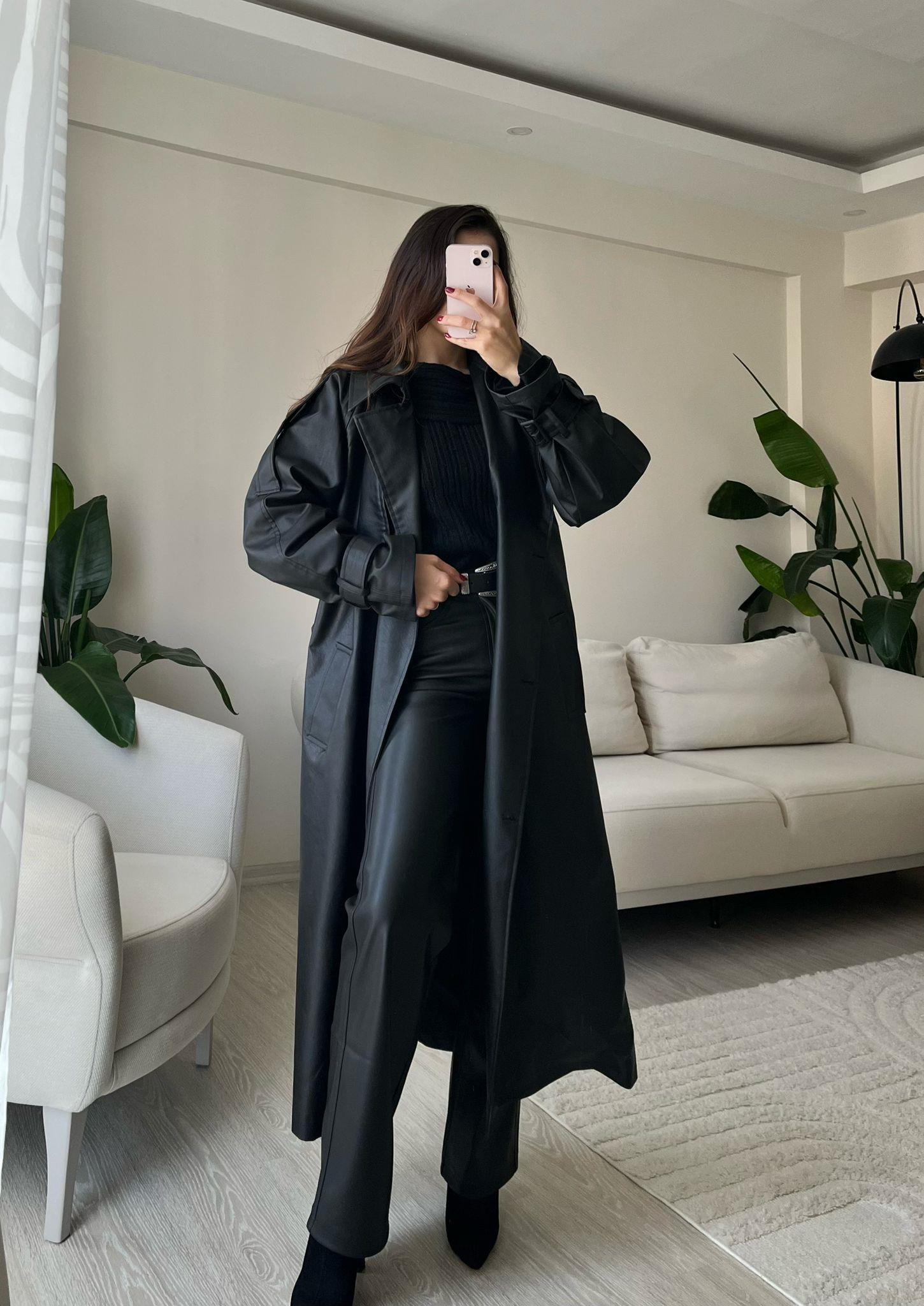 Gia Oversize Kemerli Premium Deri Trençkot