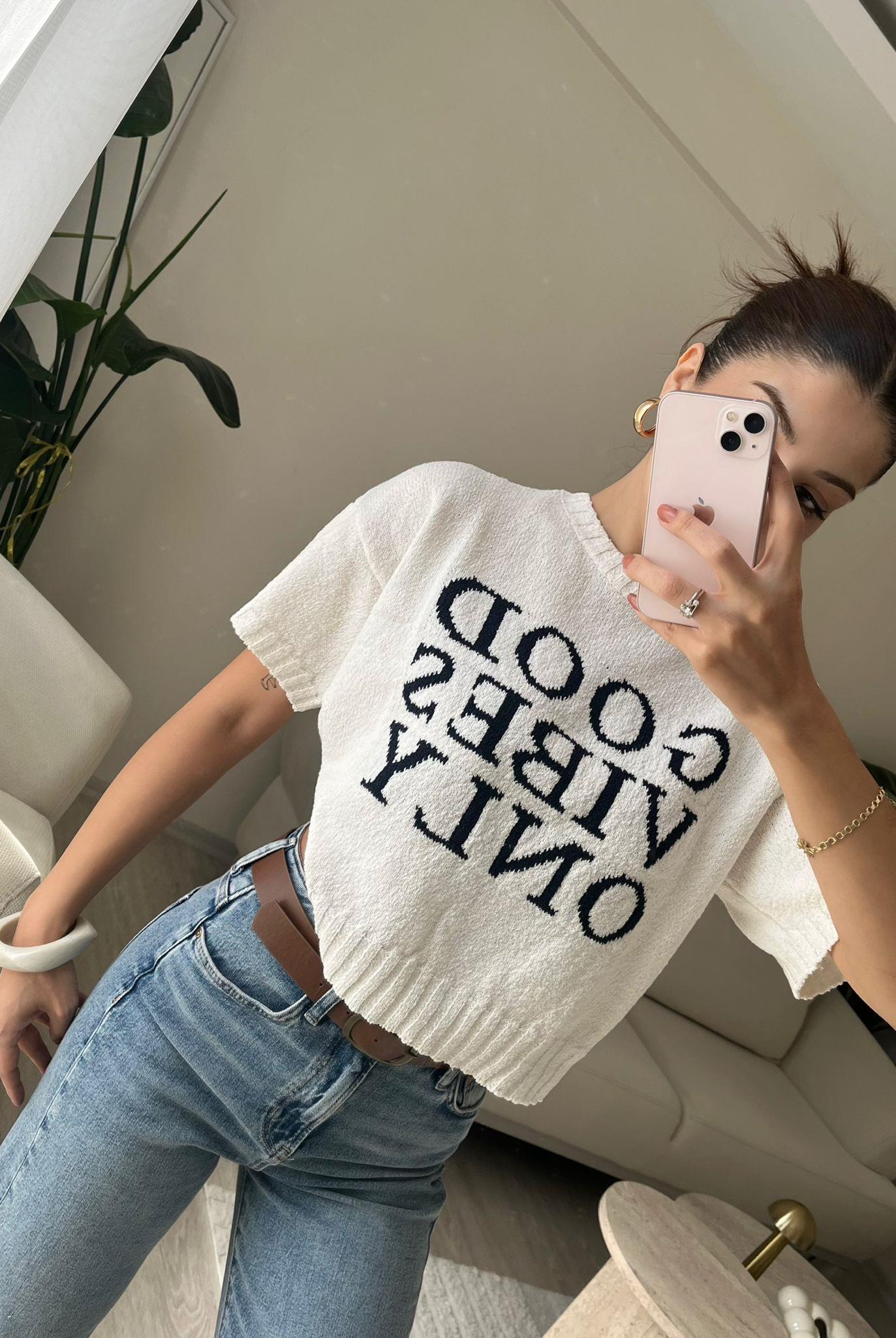 Good Vibes Only Kısa Kollu Triko Bluz Ekru