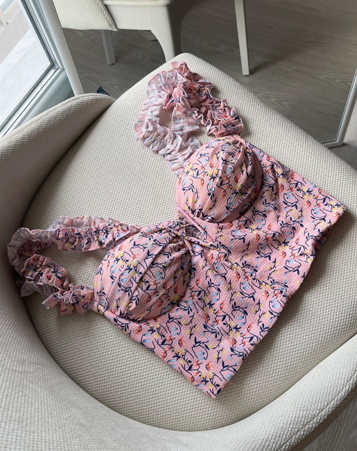 Helen Gloplu Çiçek Desen Pembe Crop Top
