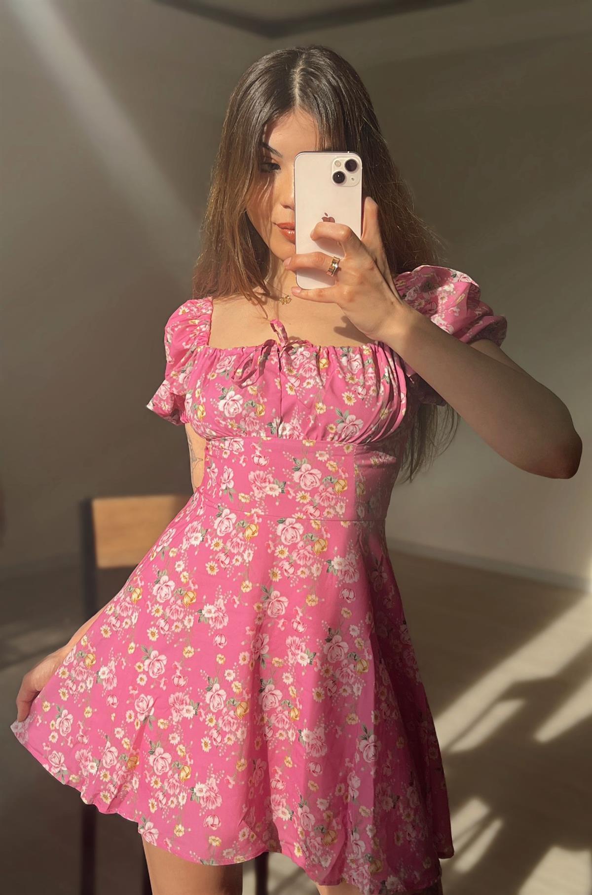 Isabella Çiçek Desen Pembe Mini Elbise