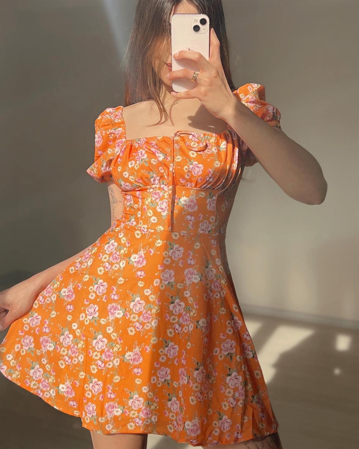 Isabella Çiçek Desen Turuncu Mini Elbise