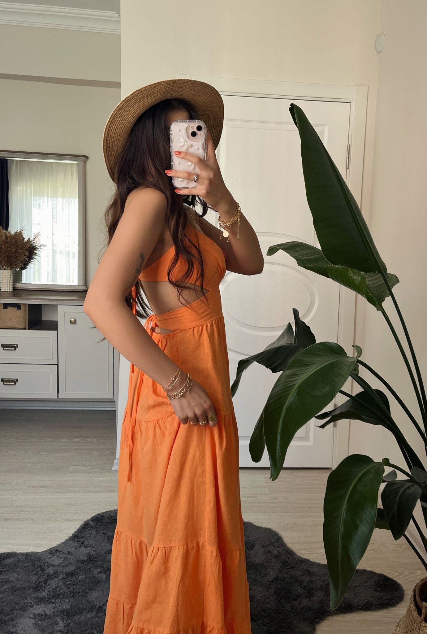 Island Sırt Dekolteli Keten Uzun Elbise Orange