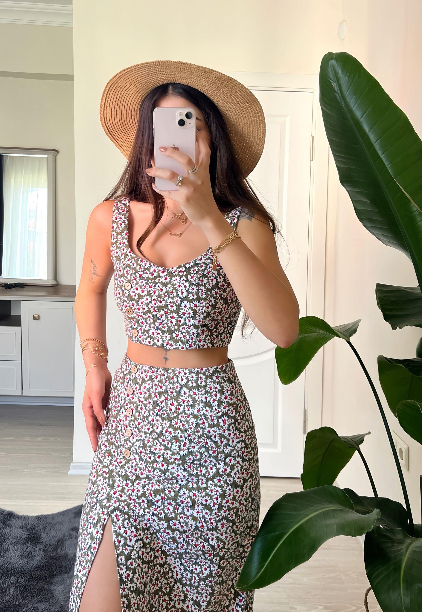 Julia Çiçek Desen Crop&Etek İkili Takım Haki