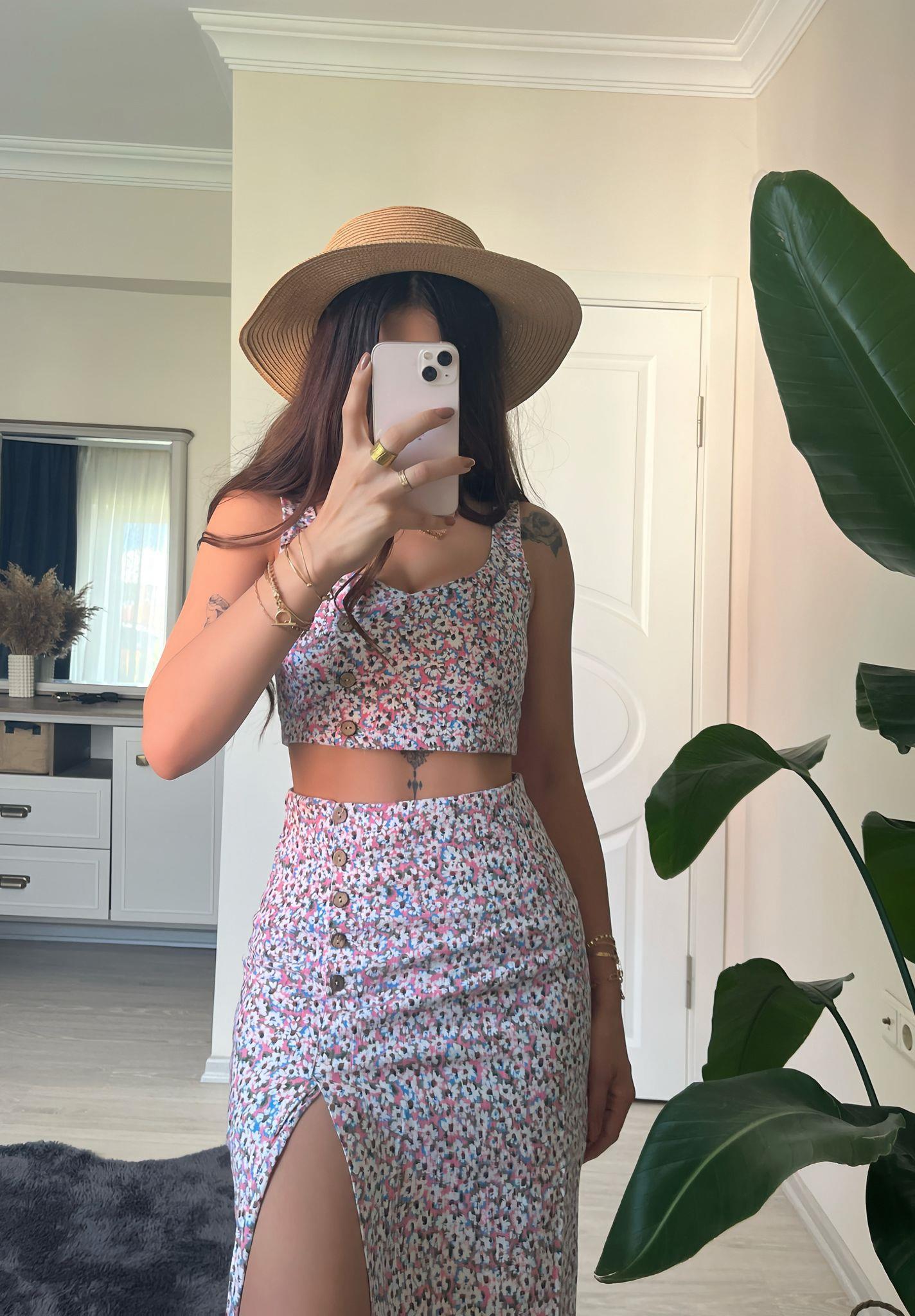 Julia Çiçek Desen Crop&Etek İkili Takım Pembe