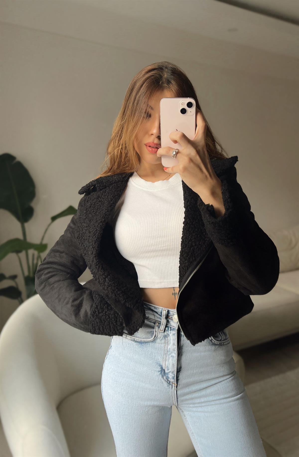 Laire Kürklü Süet Crop Siyah Ceket