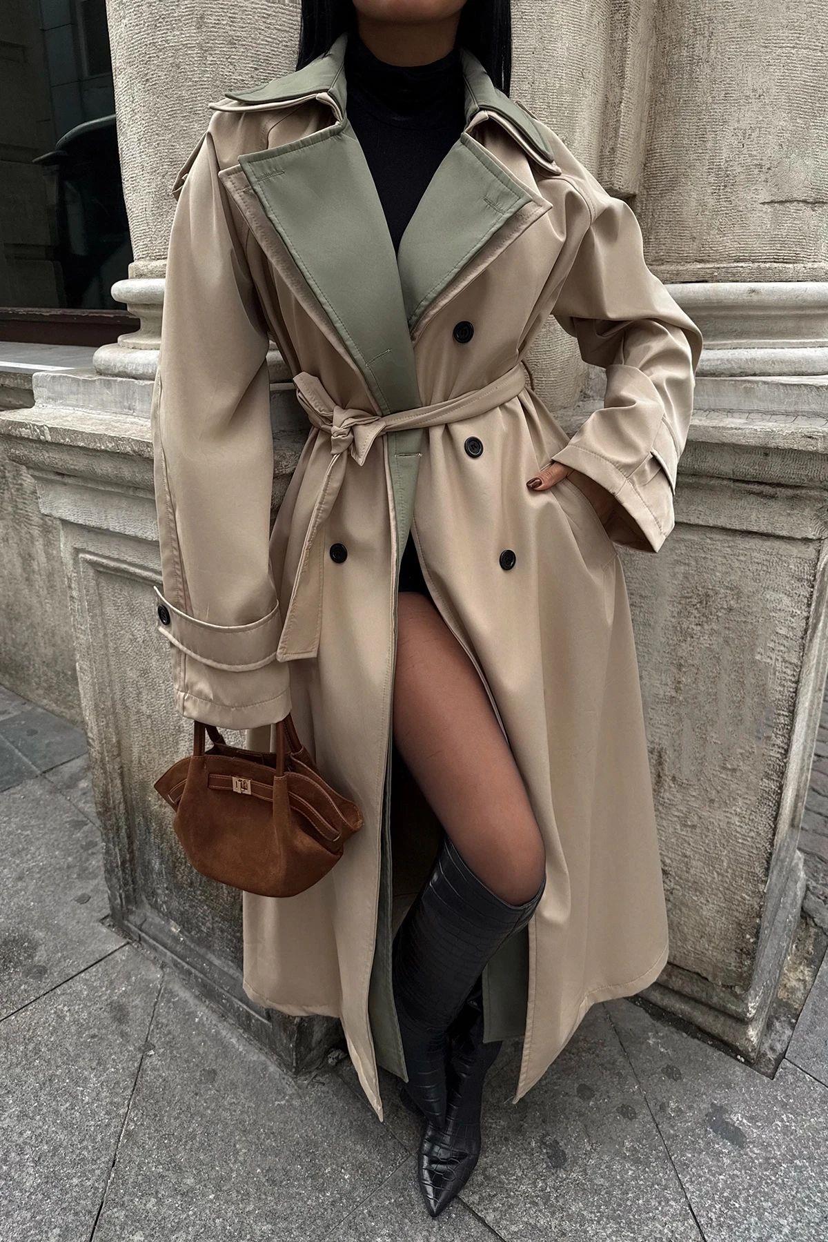 Lova Yakası İki Renkli Oversize Trençkot Bej