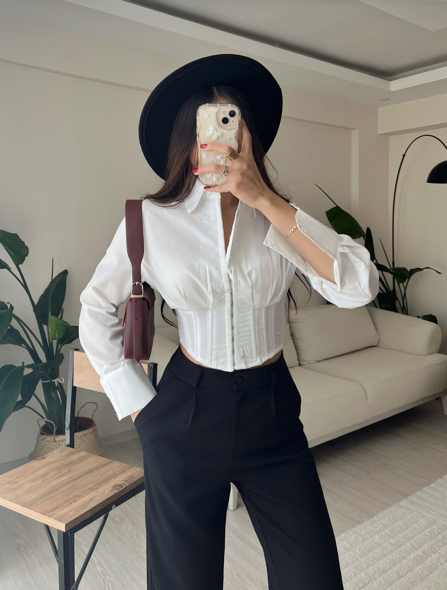 Luna Agraflı Balenli Poplin Korse Gömlek Beyaz