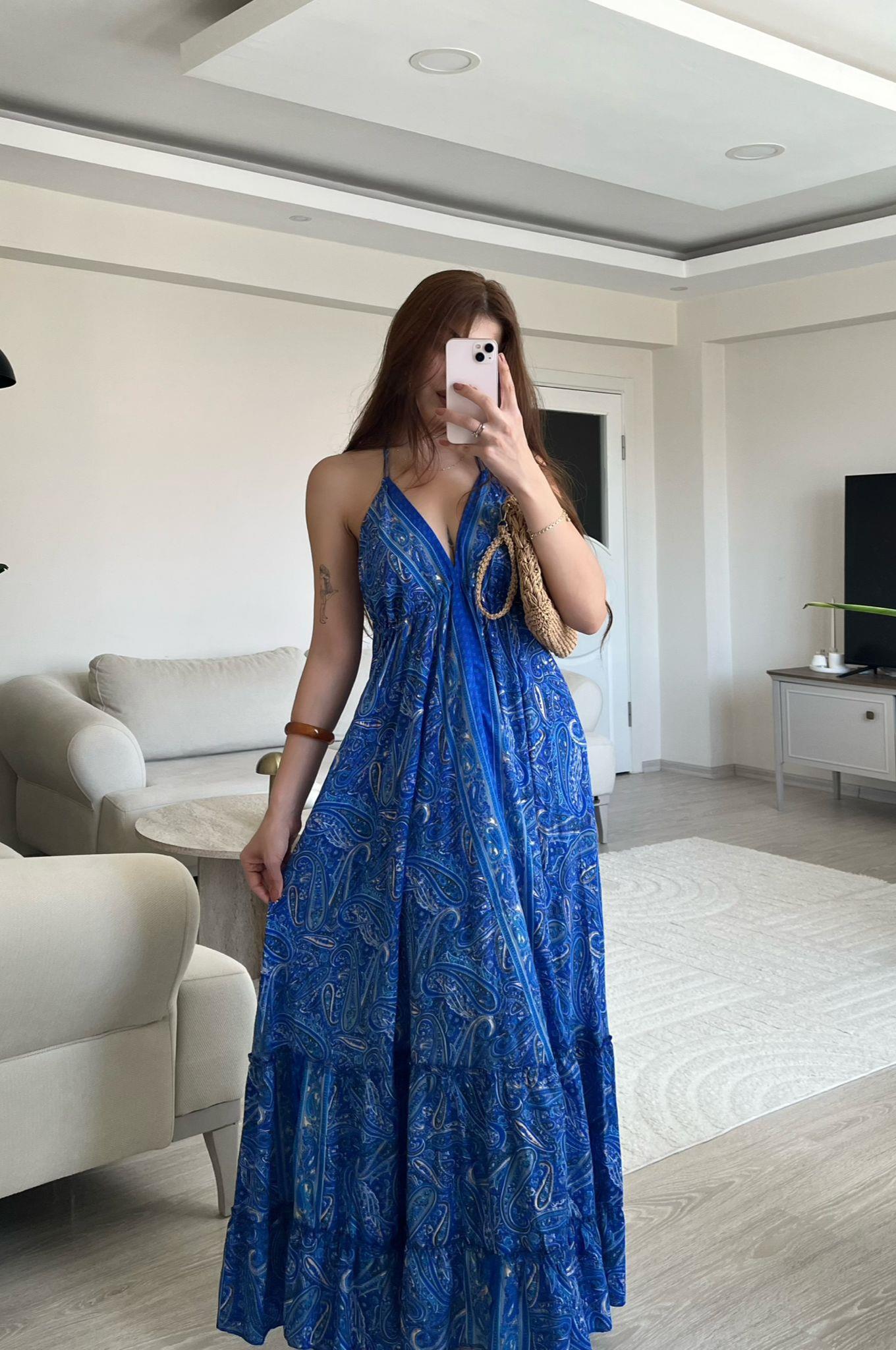 Lunita Sırt Dekolteli Etnik Desen Elbise III 