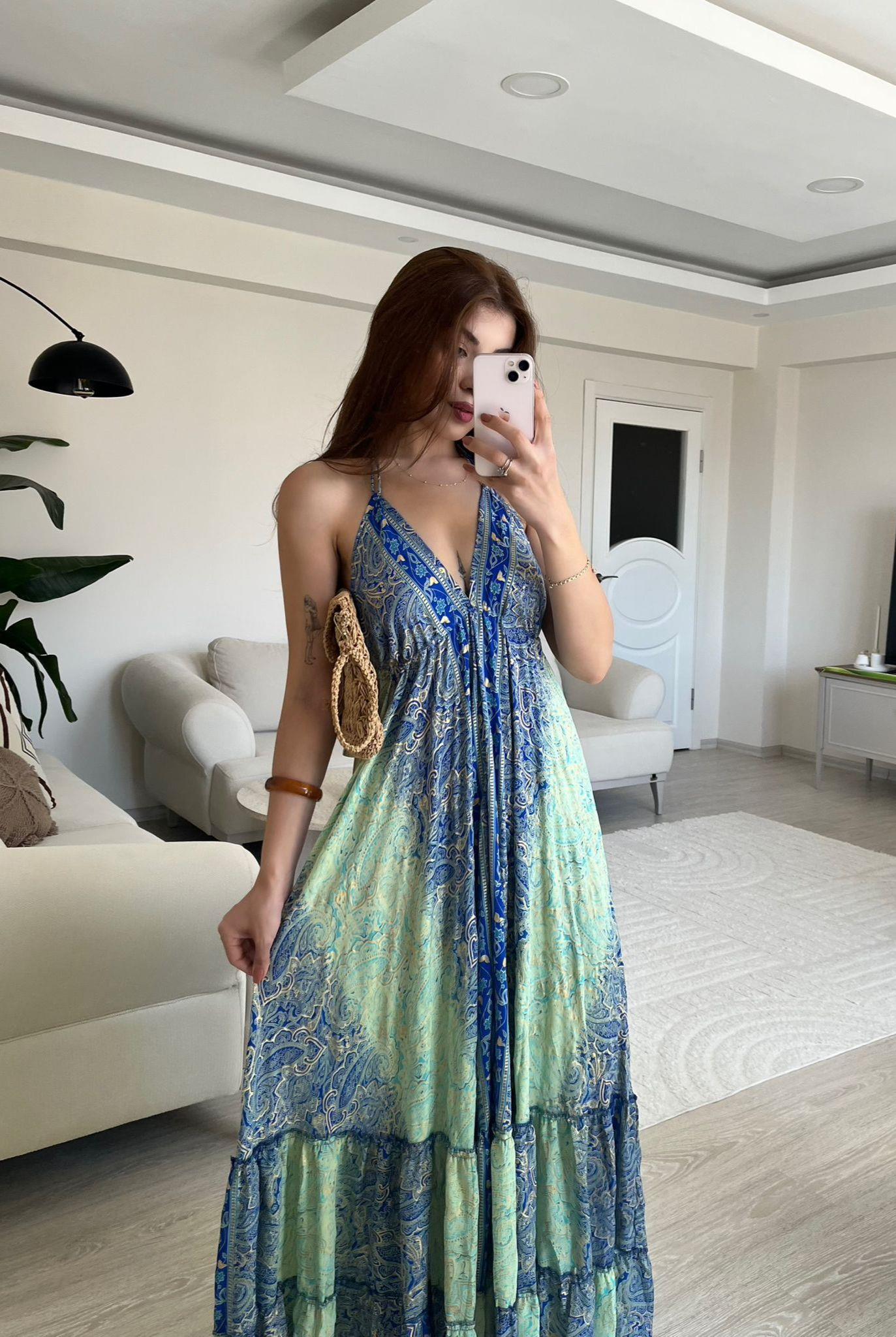 Lunita Sırt Dekolteli Etnik Desen Elbise Çok Renkli