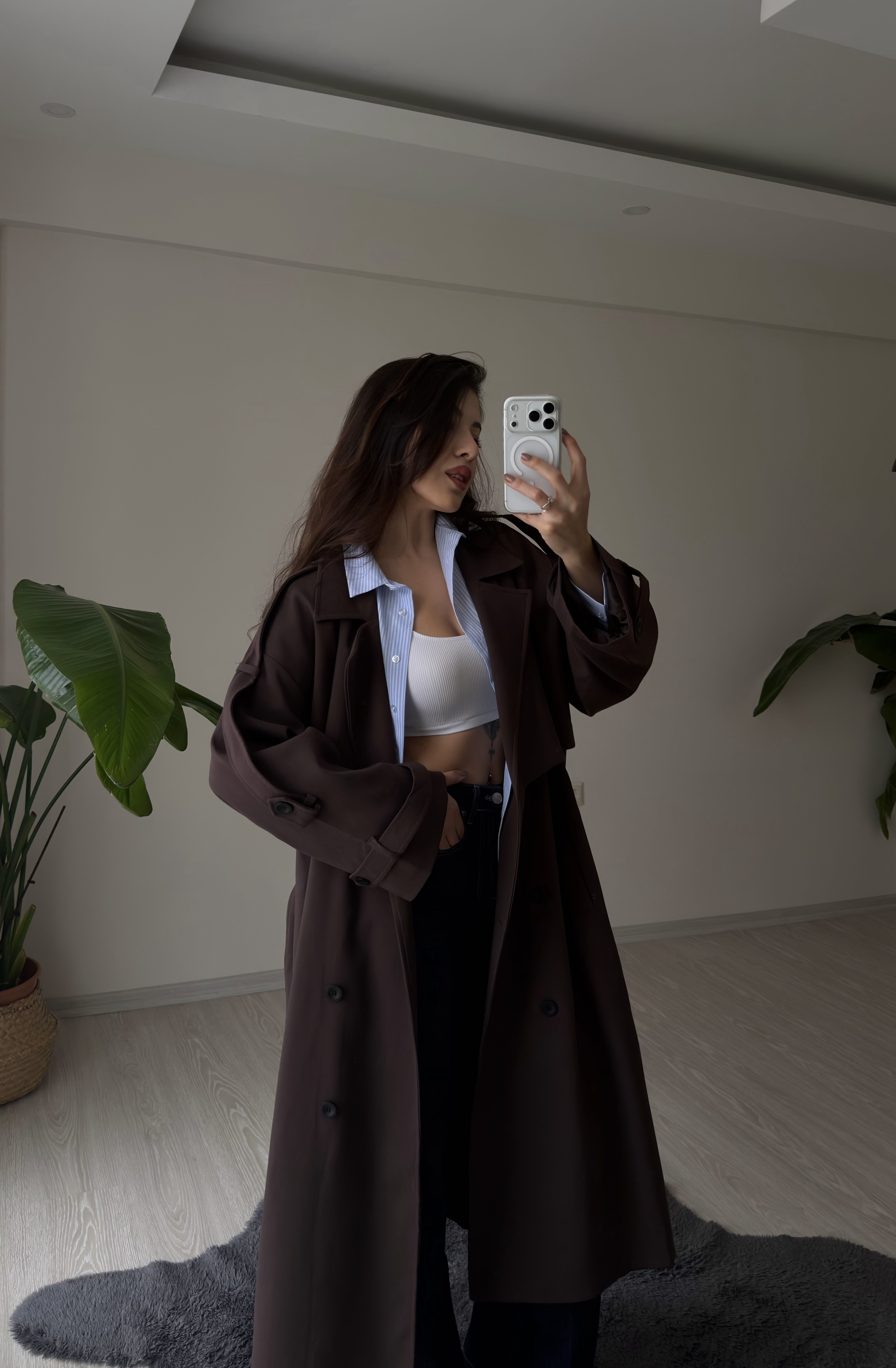 Luxe Apoletli Premium Uzun Trençkot Acı Kahve