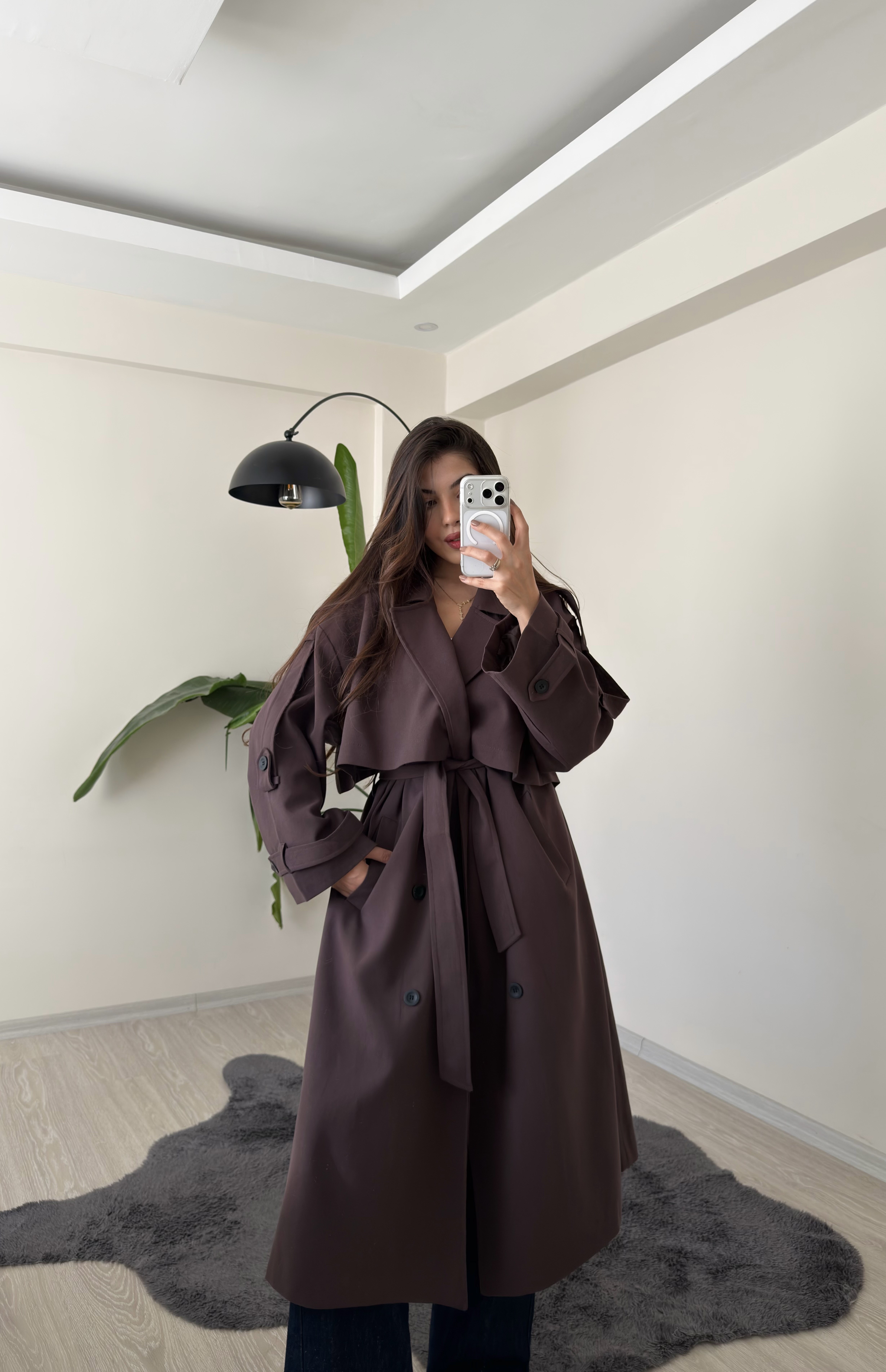 Luxe Apoletli Premium Uzun Trençkot Acı Kahve