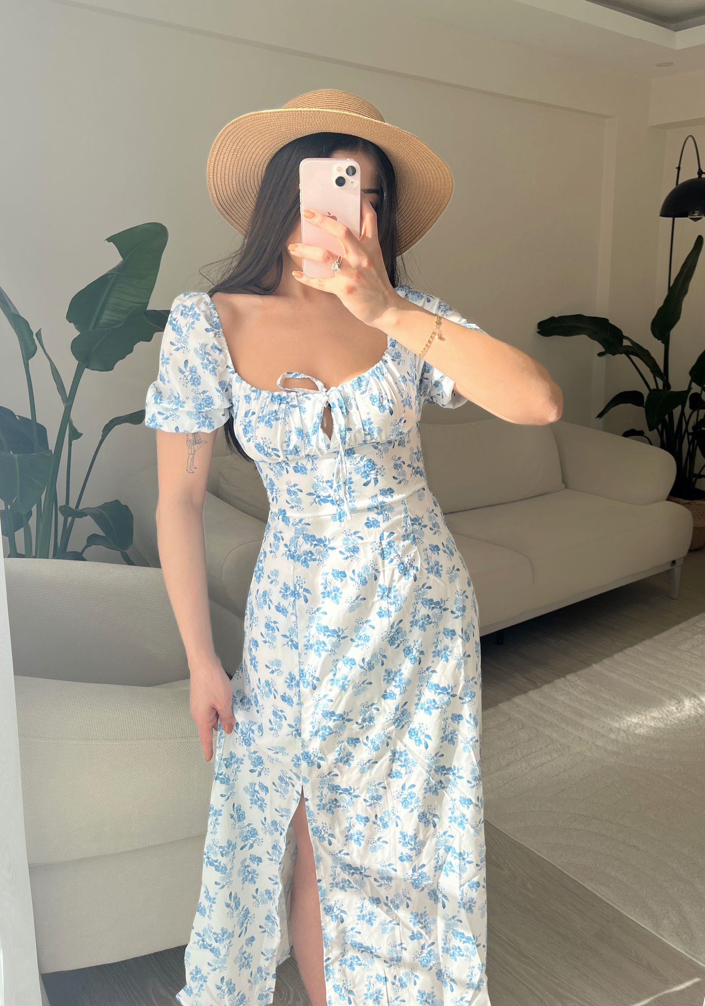 Lydia Mavi Çiçek Desen Midi Yırtmaçlı Elbise