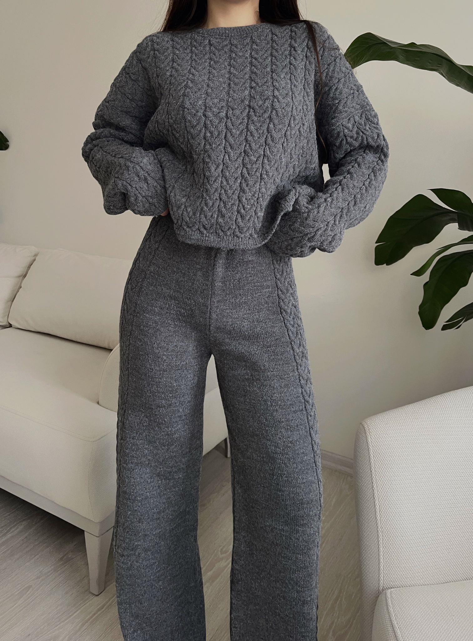 Macy Saç Örgülü Premium Triko Takım Antrasit