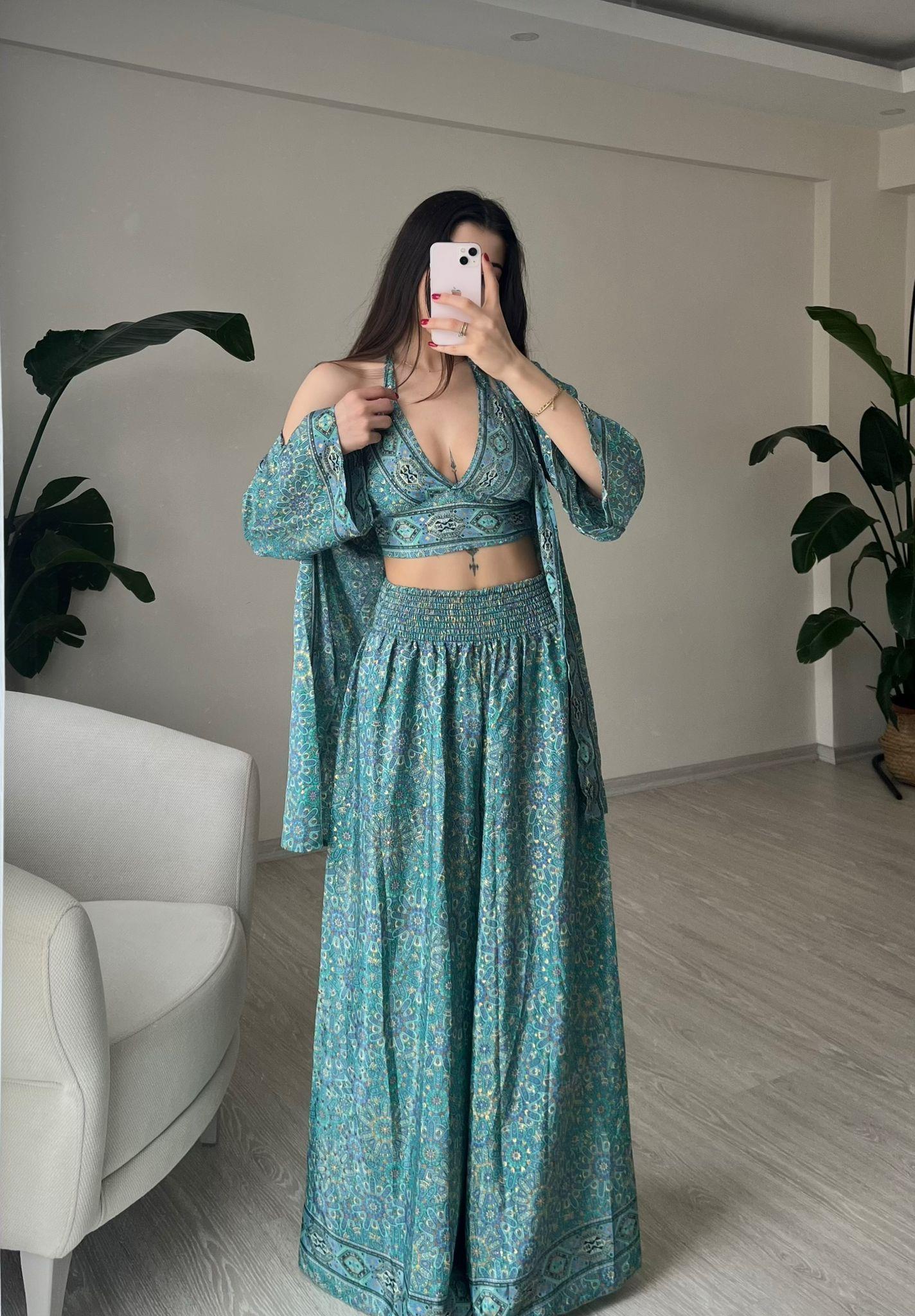 Mantra İpek Kimono Büstiyer Pantolon Üçlü Takım III