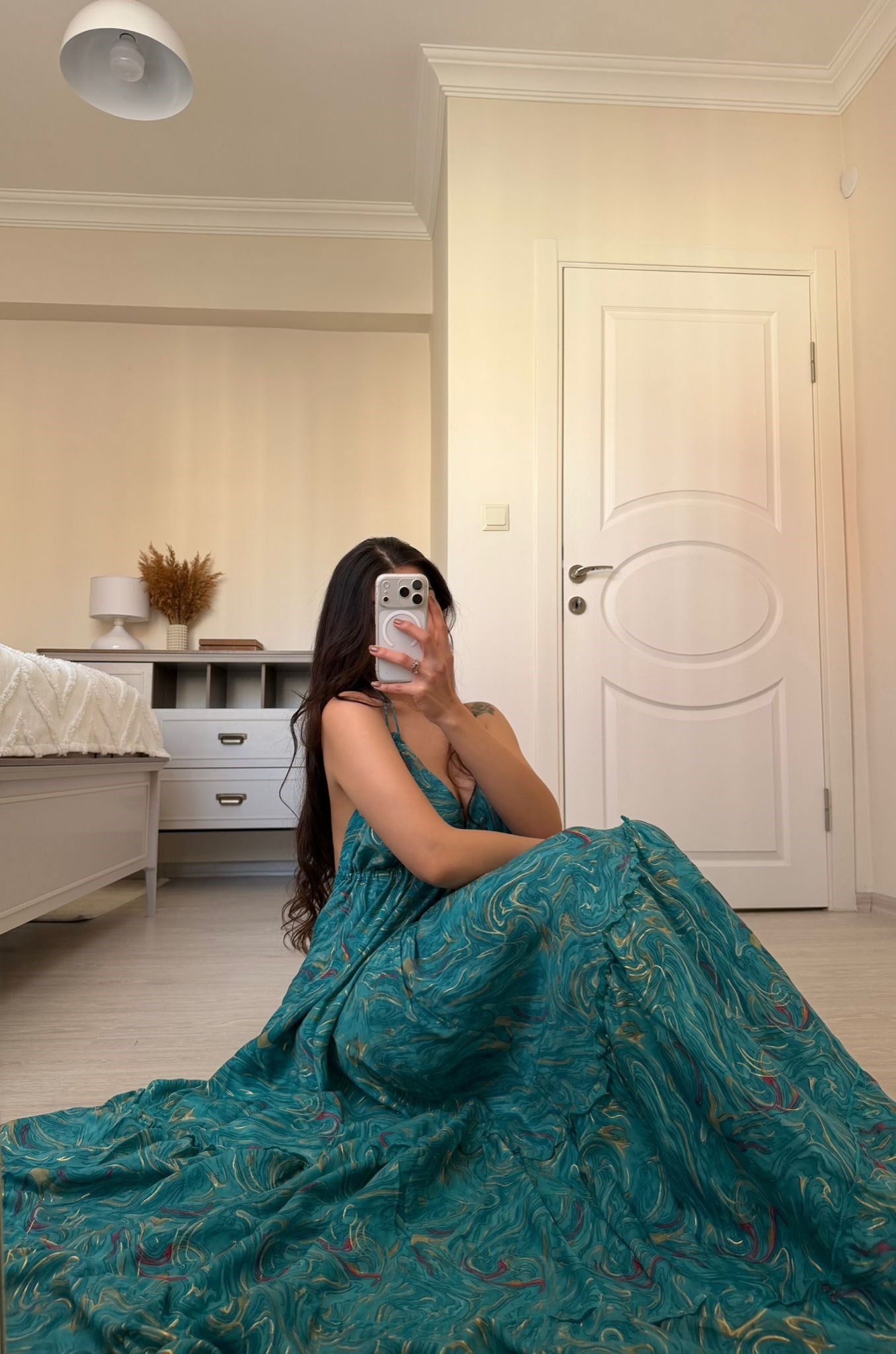 Marais Sırt Dekolteli Etnik Desen İpek Elbise Mavi
