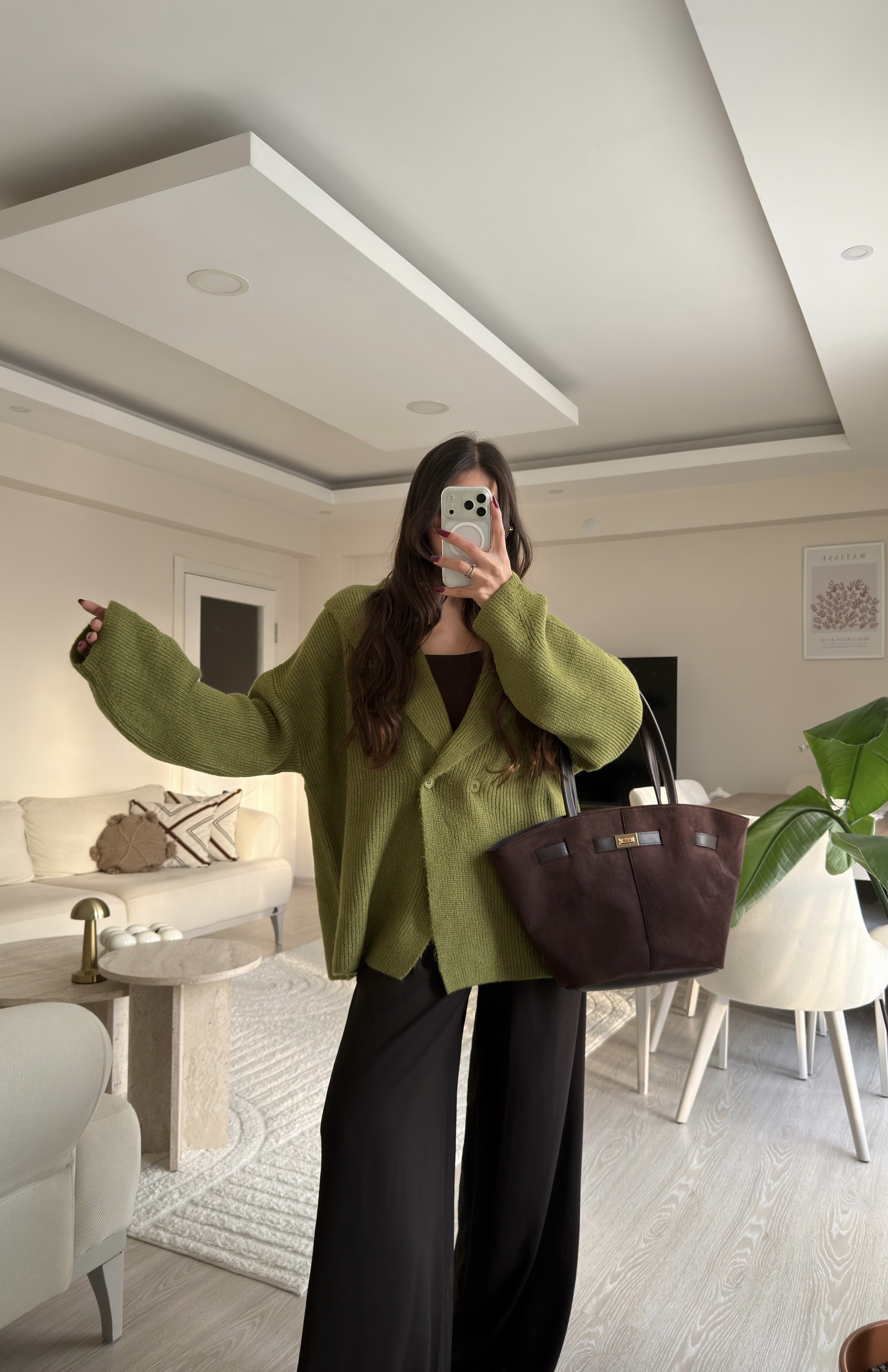 Marlo Şal Yaka Düğmeli Triko Hırka Yağ Yeşili
