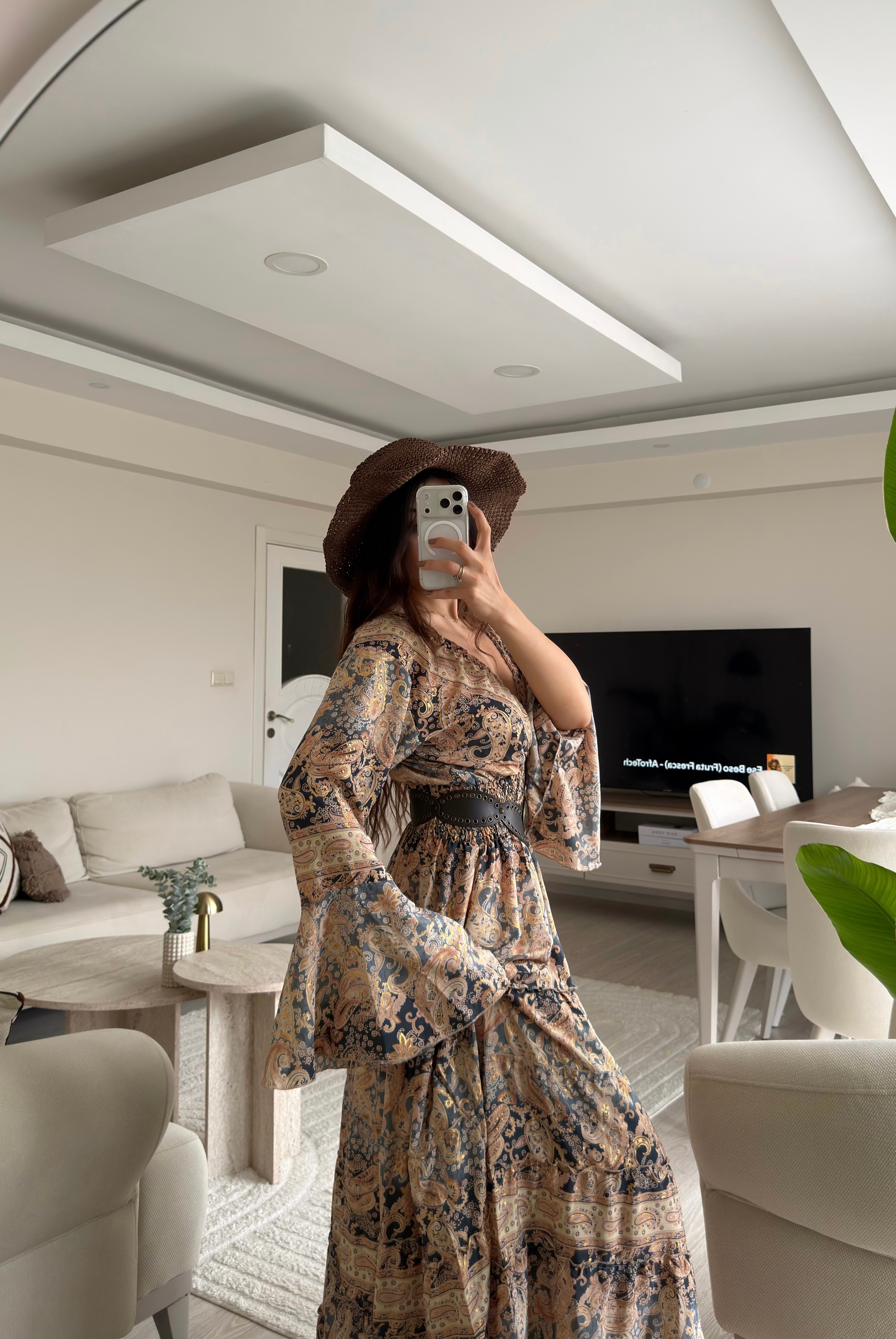 Paloma Etnik Desen İspanyol Kol Bohem Uzun Elbise Çok Renkli