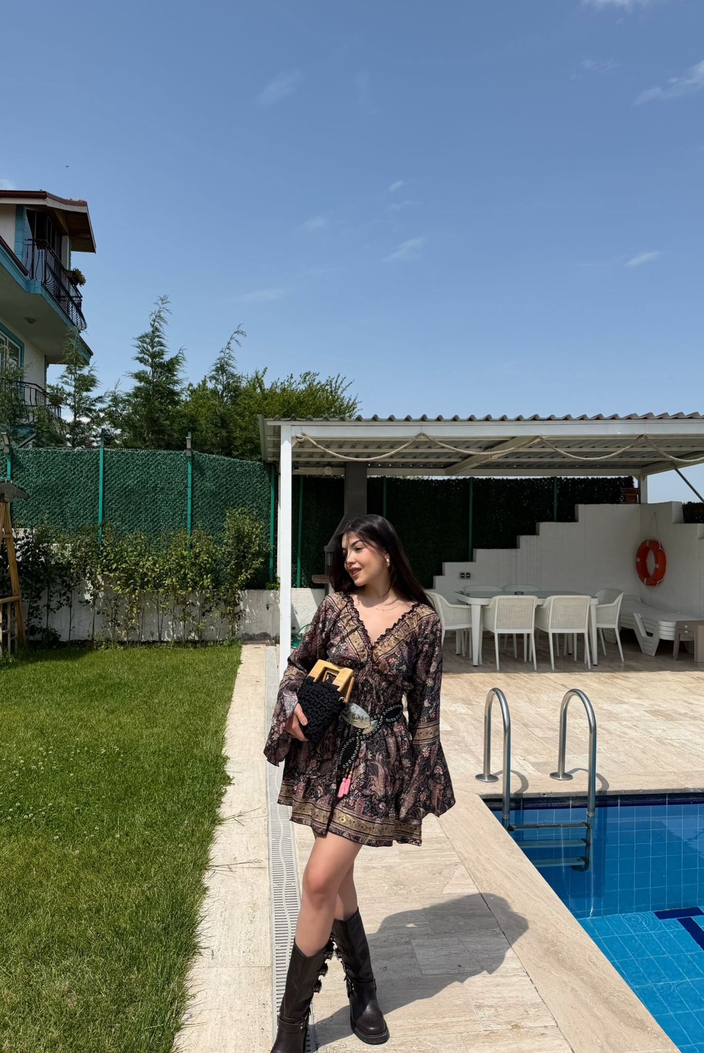 Paloma Etnik Desen İspanyol Kol Bohem Mini Elbise Siyah
