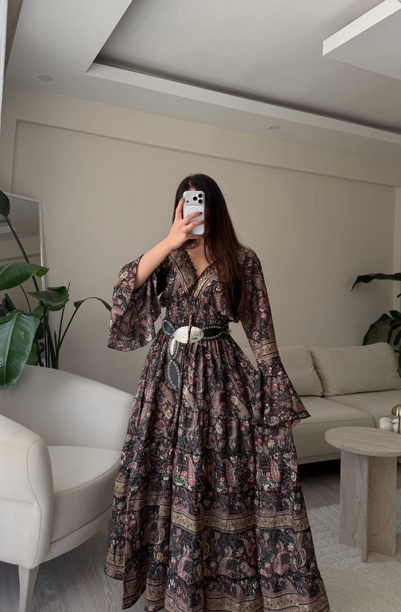Paloma Etnik Desen İspanyol Kol Bohem Uzun Elbise Siyah