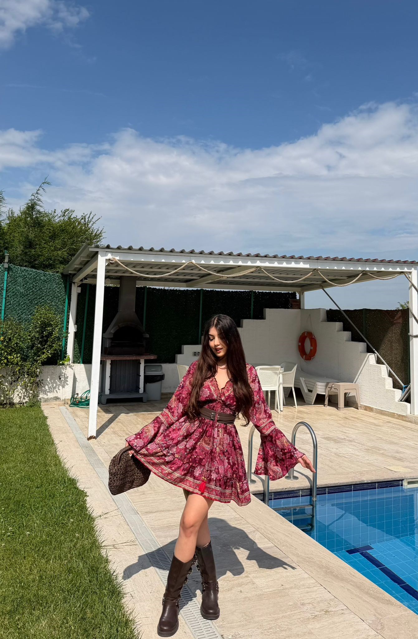 Paloma Etnik Desen İspanyol Kol Bohem Mini Elbise Bordo