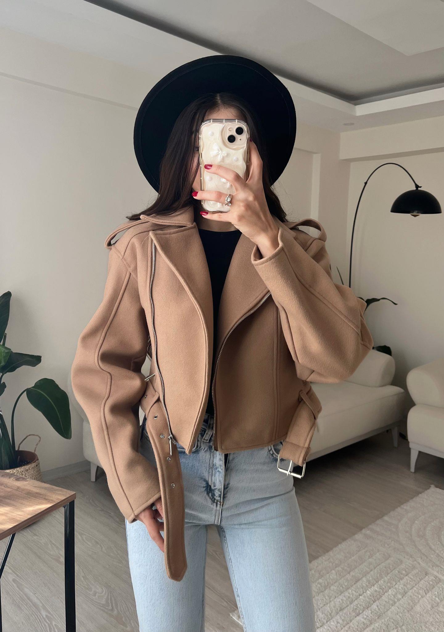 Paula Premium Kaşe Biker Ceket Taba