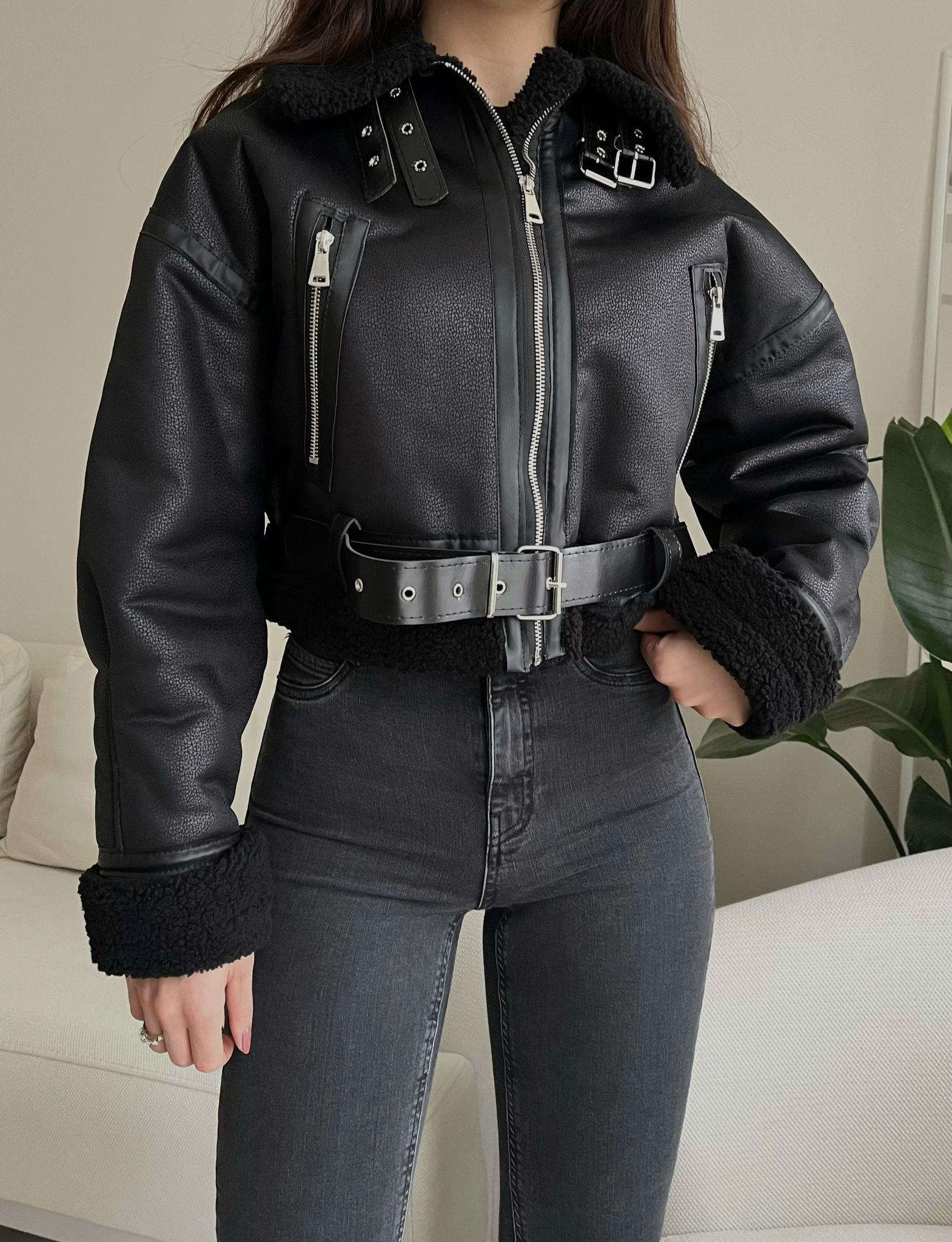 Phoenix Biye Detaylı Kemerli Lamine Kürklü Biker Ceket