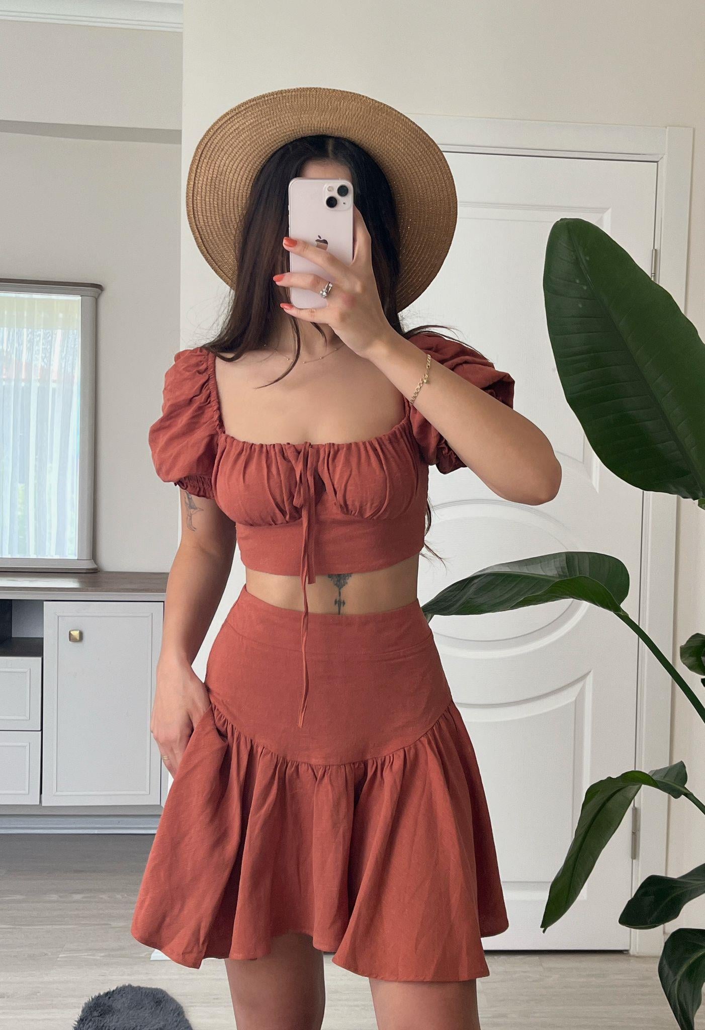 Polly Crop ve Etek Keten İkili Takım Kiremit