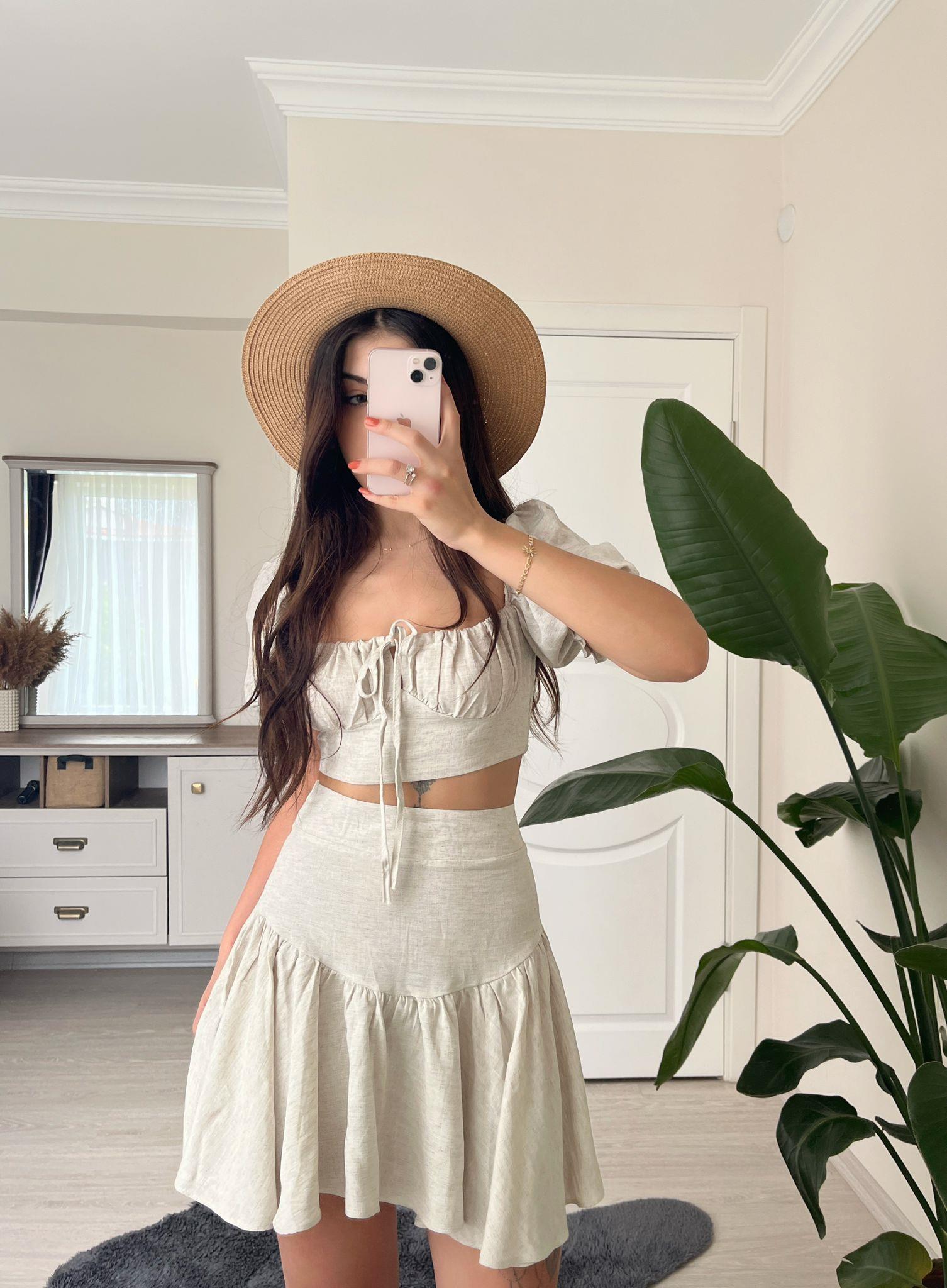Polly Crop ve Etek Keten İkili Takım Taş