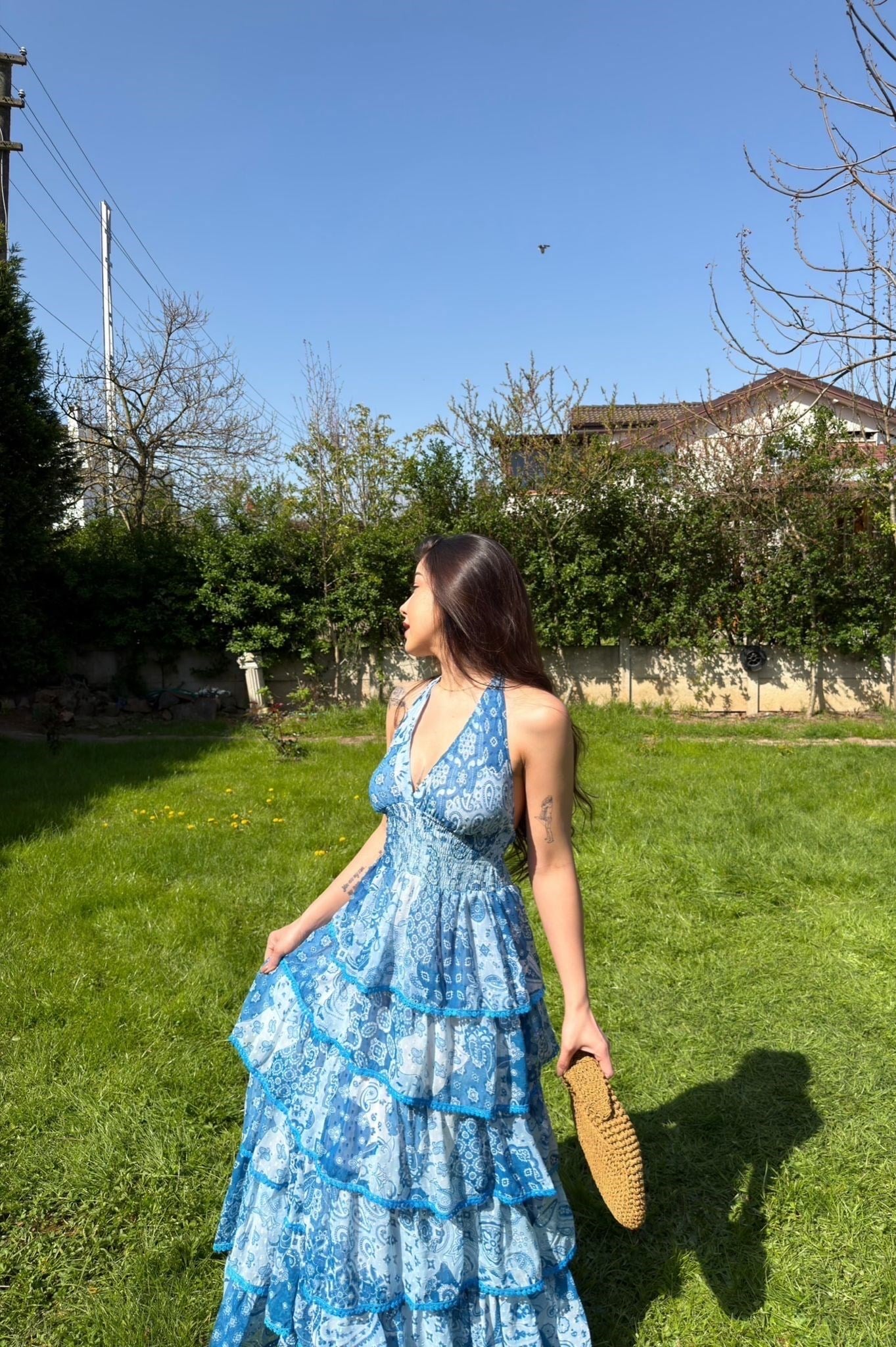 Rosalia Volanlı Kat Kat Şifon Elbise Mavi