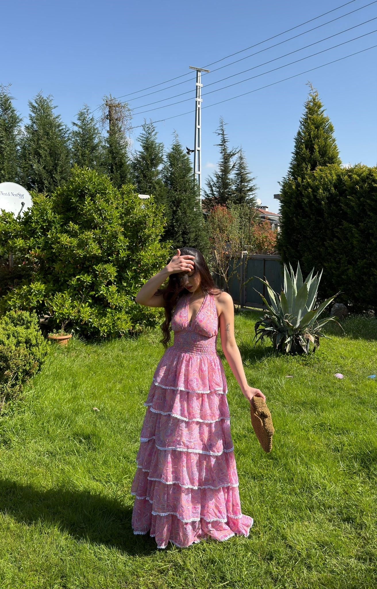 Rosalia Volanlı Kat Kat Şifon Elbise Pembe
