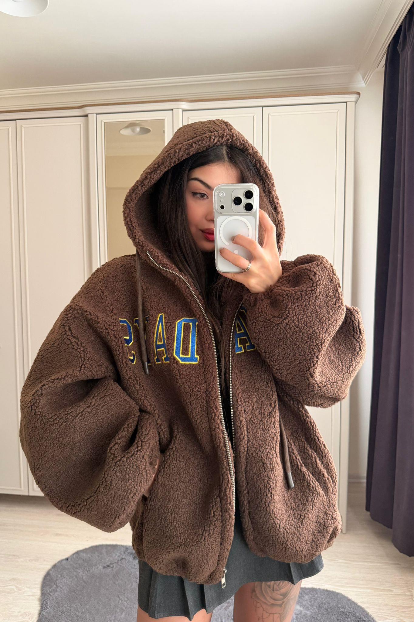 Snow Yazı Detaylı Premium Peluş Mont Kahve