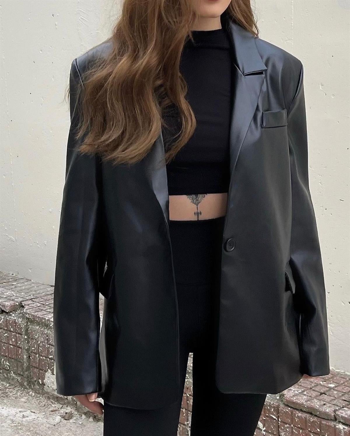 Tek Düğmeli Vatkalı Deri Blazer Ceket