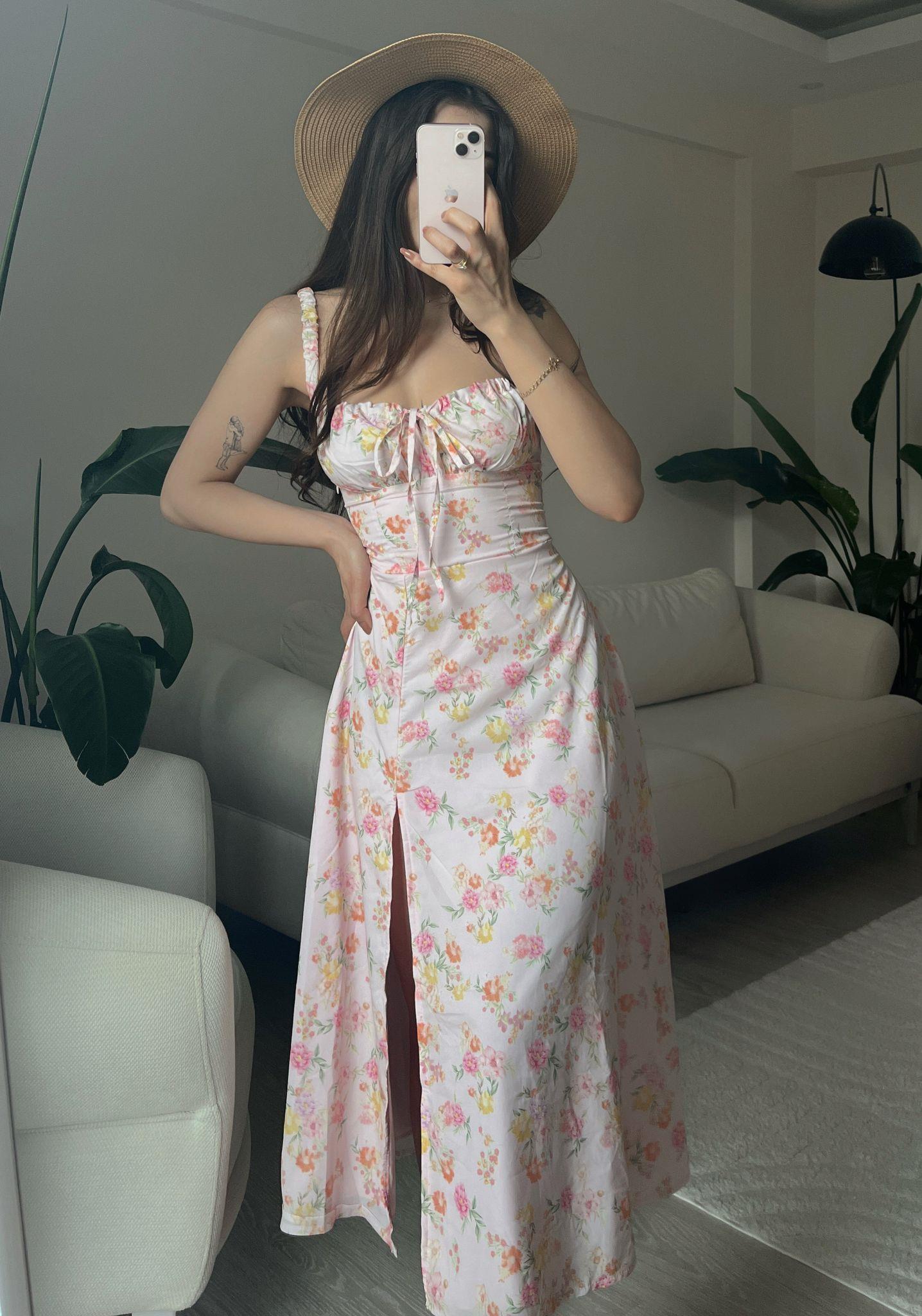 Viola Çiçek Desen Yırtmaçlı Midi Pembe Elbise
