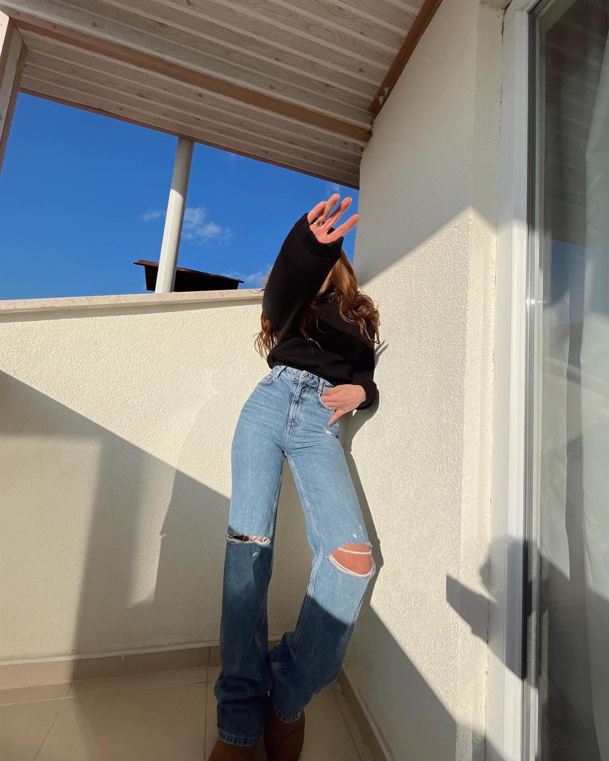 ZR Wide Leg Çift Diz Yırtık Jean