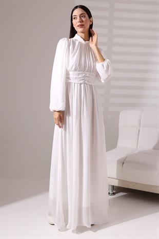 Beyaz Şifon Balıkçı Yaka Büzgülü Uzun Abiye Nikah Elbise  Tesettür