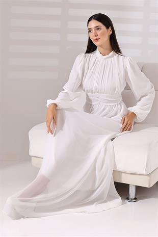 Beyaz Şifon Balıkçı Yaka Büzgülü Uzun Abiye Nikah Elbise  Tesettür