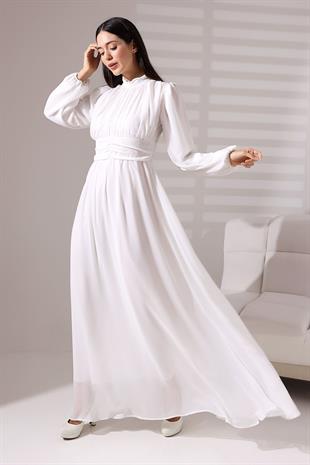 Beyaz Şifon Balıkçı Yaka Büzgülü Uzun Abiye Nikah Elbise  Tesettür