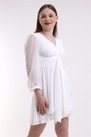 Beyaz Şifon Kuşak Detaylı Mini Abiye Elbise 