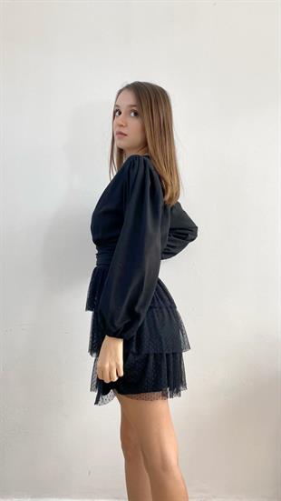 Fırfırlı Siyah Büzgülü Mini Abiye Elbise 