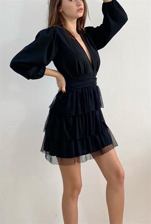 Fırfırlı Siyah Büzgülü Mini Abiye Elbise 